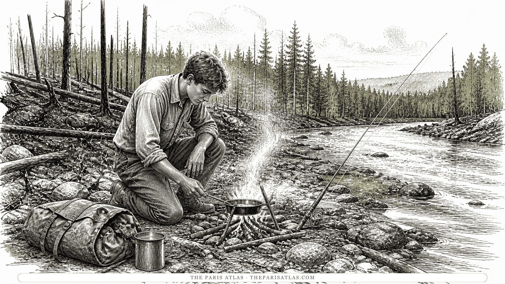 A young adult camper tends a Michigan fire beside a river while other campers prepare a canoe in the pines.