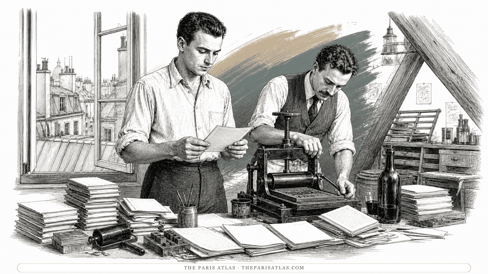 A young Ernest Hemingway checking a newly printed sheet beside a printer working a small hand press in a Paris attic filled with slim chapbooks and loose pages.
