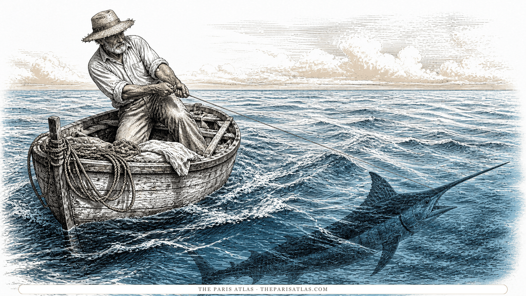 An old Cuban fisherman works alone from a skiff as a marlin breaks the sea beside him and distant boats cross the horizon.
