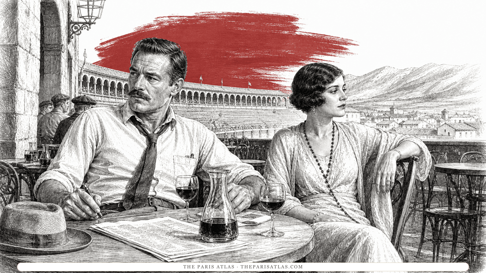 Adult travelers talk at a crowded Pamplona café while festival crowds and whitewashed streets move around them.