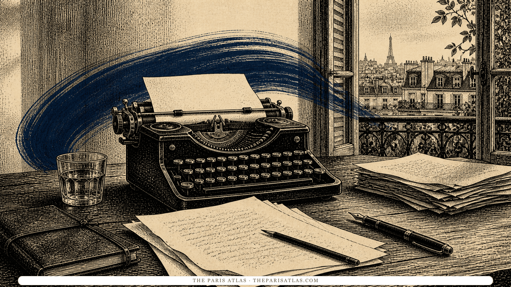 Pen-and-ink illustration of a portable typewriter and manuscript pages beside a Paris window