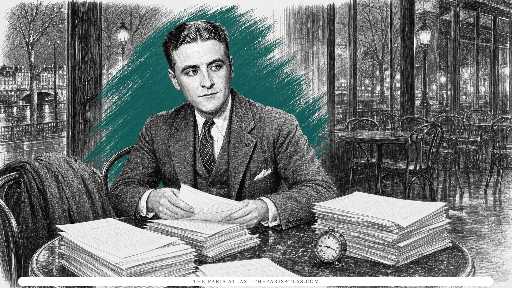 F. Scott Fitzgerald sorting stacks of short-story manuscripts at an empty café table after closing, with bare winter trees, wet pavement, and vacant chairs beyond the windows.