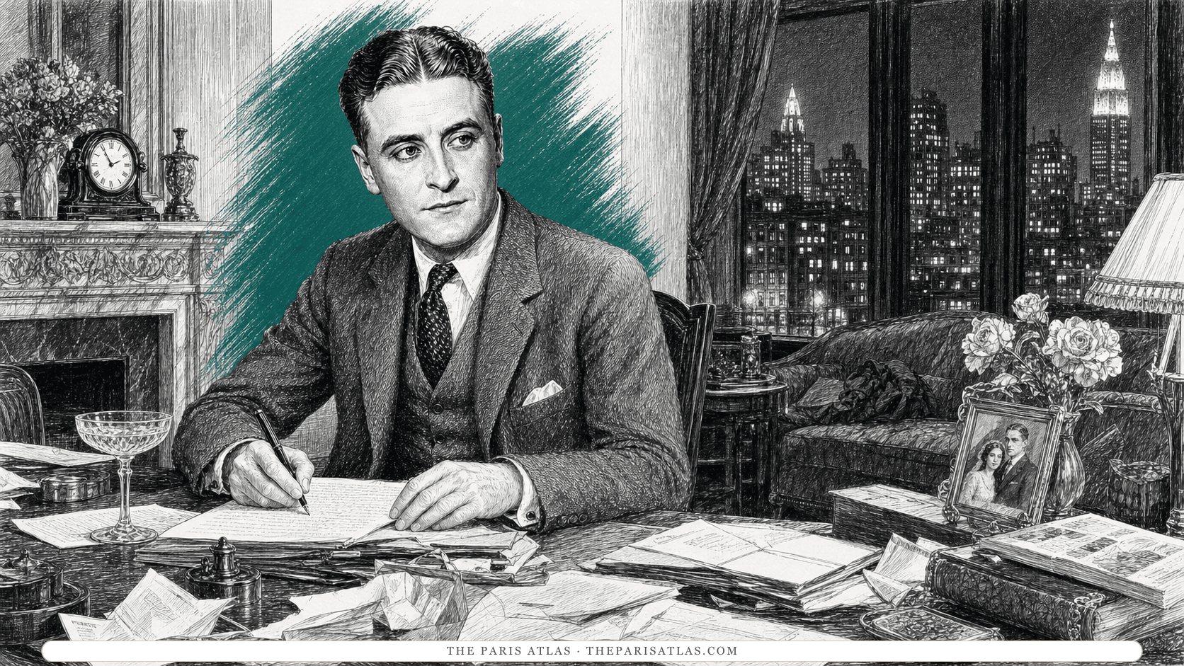 F. Scott Fitzgerald writing late at night amid loose pages and bills in a Manhattan apartment, with a mantel clock, an empty coupe, flowers, and the city lit beyond the windows.