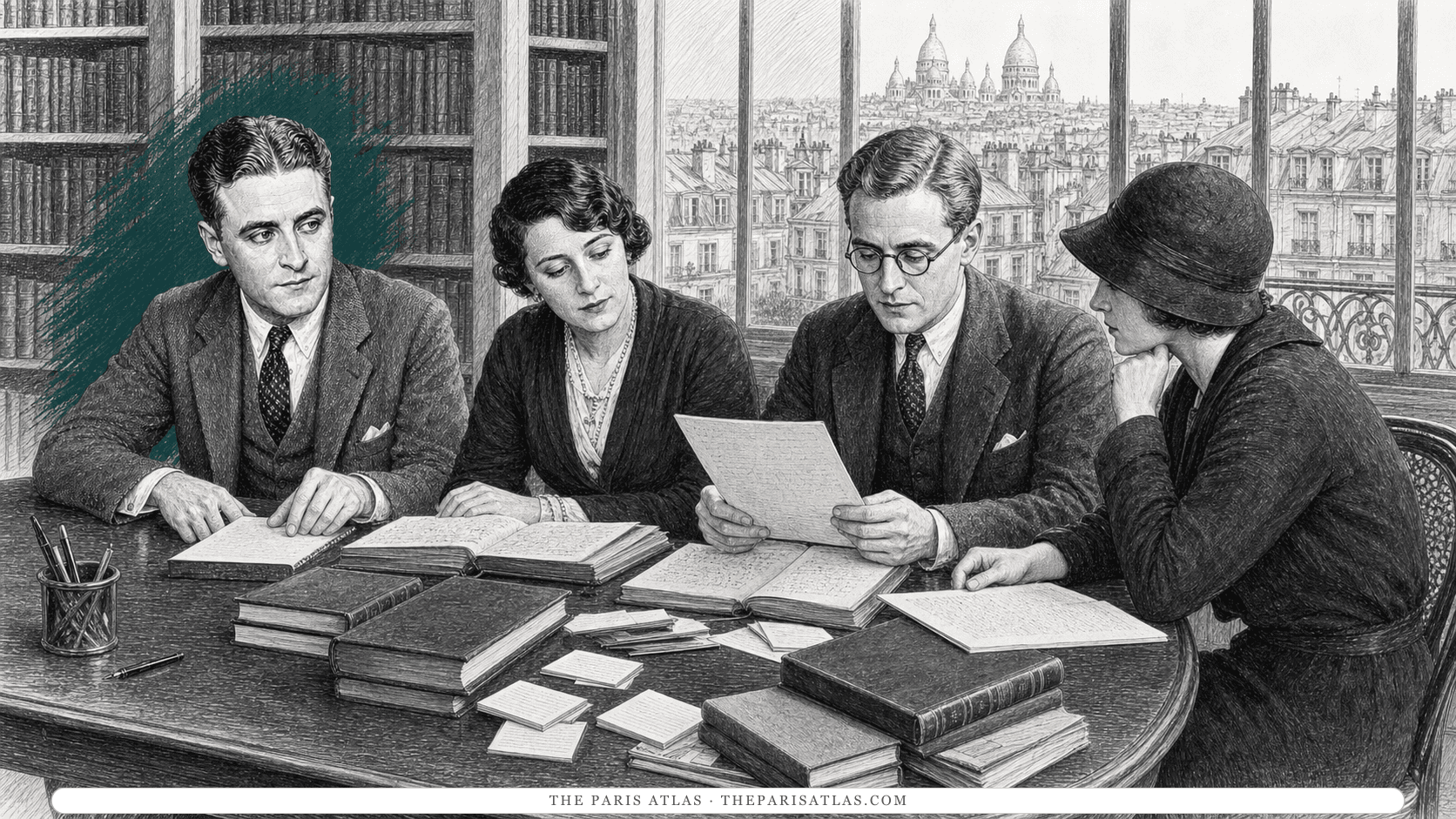F. Scott Fitzgerald and three adult readers compare unlabelled books around a library table overlooking Paris.