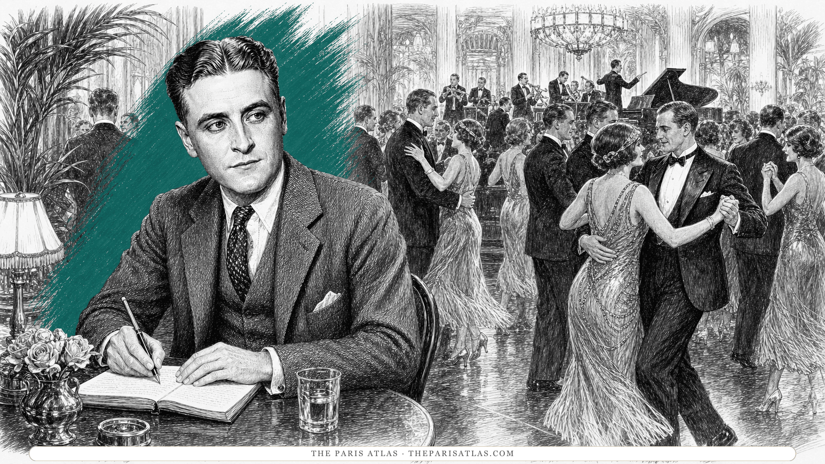 F. Scott Fitzgerald taking notes at a small table while couples dance beneath chandeliers to a jazz orchestra in a crowded 1920 hotel ballroom.