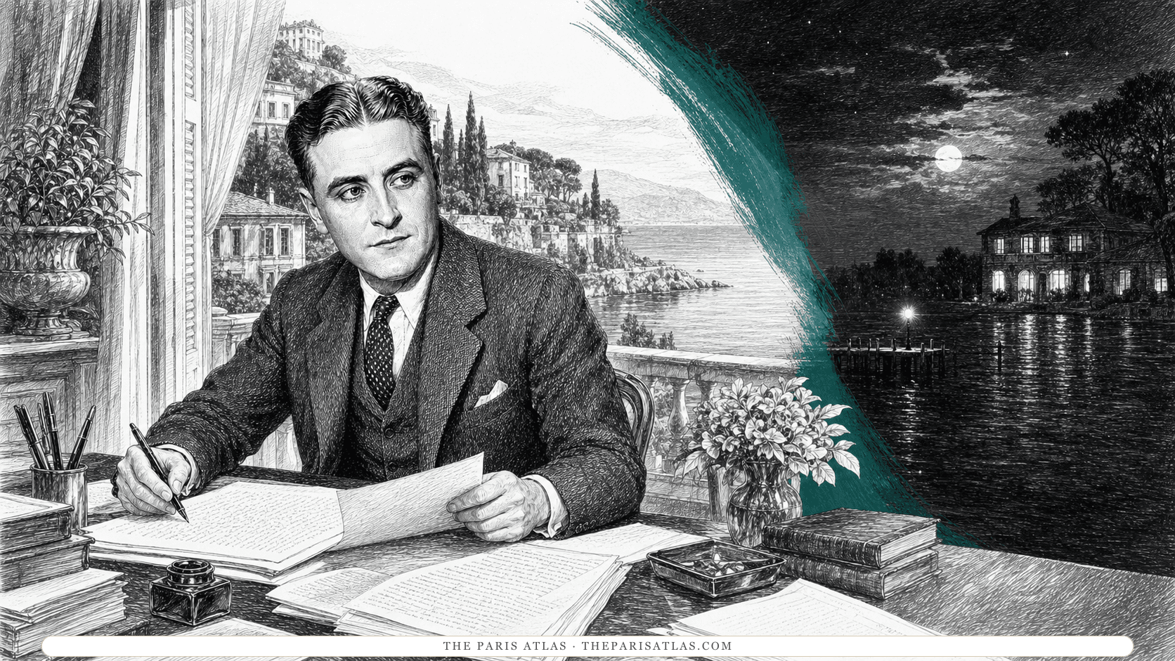 F. Scott Fitzgerald revising a manuscript at a Riviera villa desk while a visual sweep joins the bright Mediterranean coast to a moonlit house and dock across dark American water.