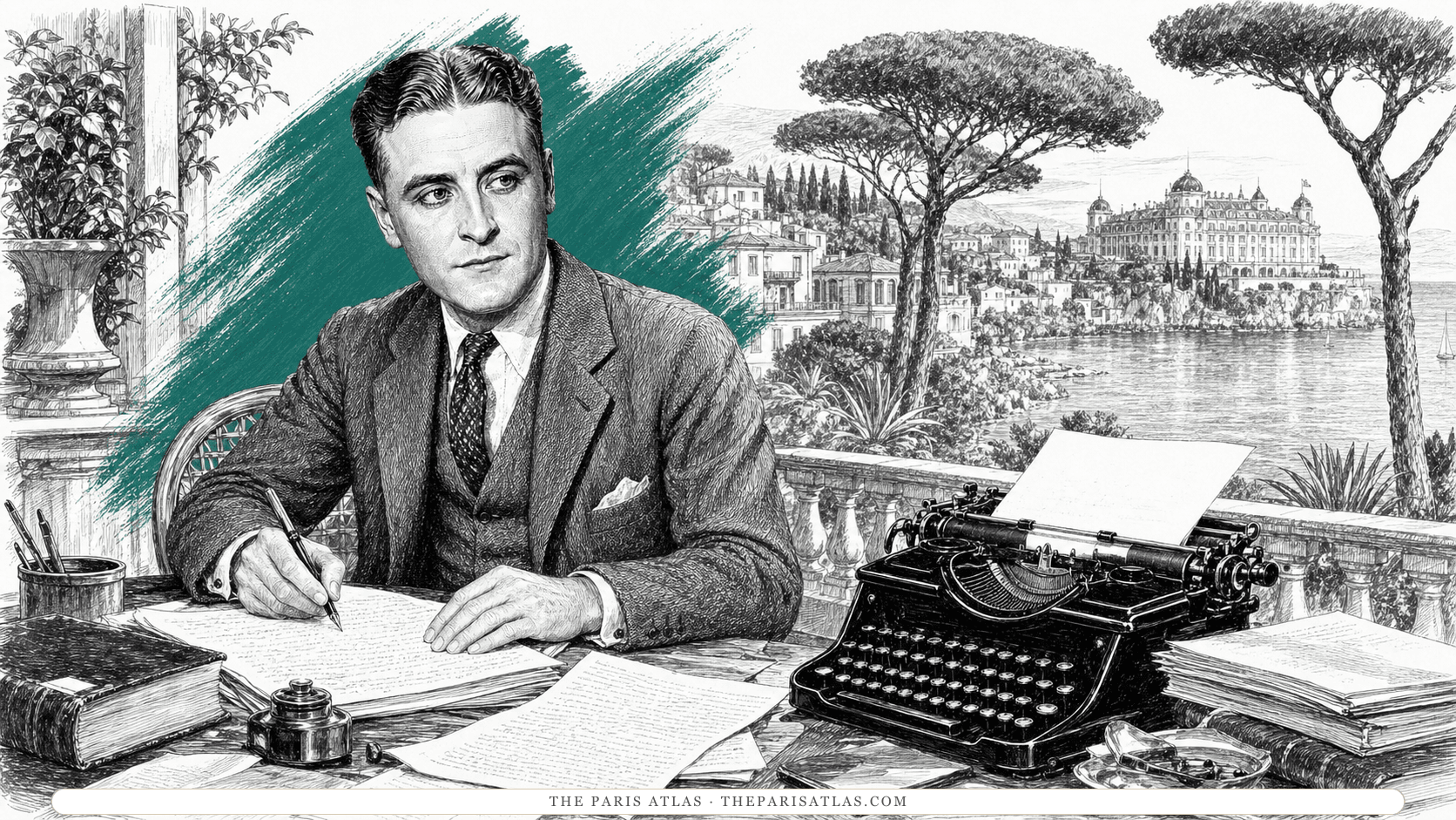 F. Scott Fitzgerald writing beside a typewriter and loose manuscript pages on a Riviera terrace, with umbrella pines, pale villas, a grand hotel, and the Mediterranean beyond, drawn in black ink with a teal brushstroke behind him.