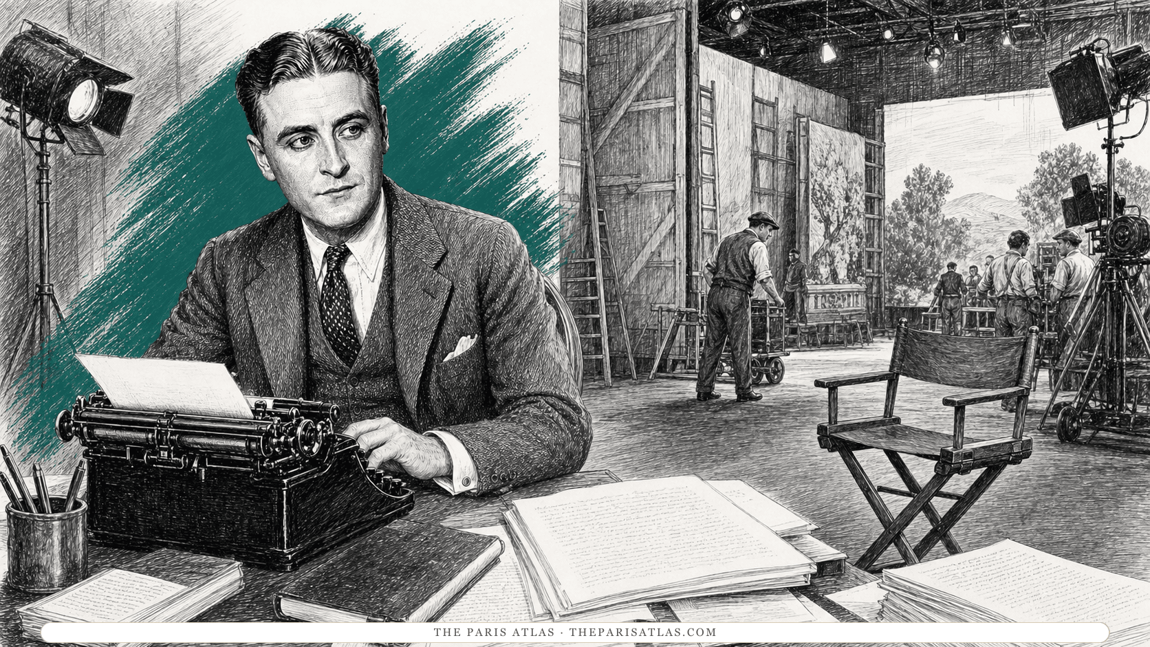 F. Scott Fitzgerald working at a typewriter on a late-1930s Hollywood soundstage, with manuscript pages, studio lights, a camera, technicians, painted scenery, and an empty director's chair around him.