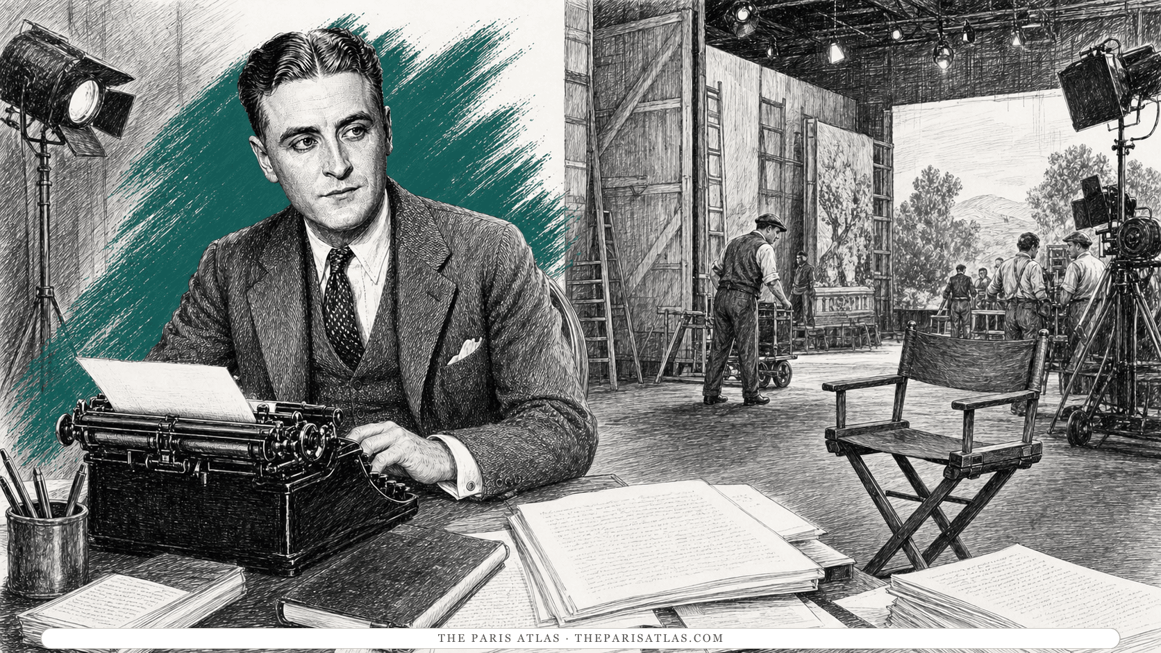 F. Scott Fitzgerald working at a typewriter on a late-1930s Hollywood soundstage, with manuscript pages, studio lights, a camera, technicians, painted scenery, and an empty director's chair around him.