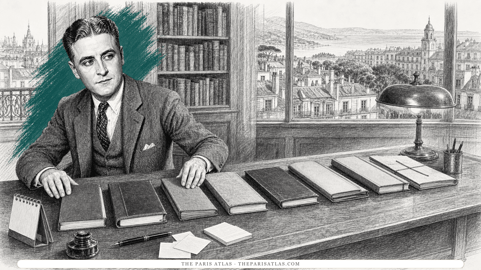F. Scott Fitzgerald arranging eight unlabeled volumes across a long library table, with a reading lamp, fountain pen, index cards, bookshelves, Paris rooftops, and a distant coastline behind him.