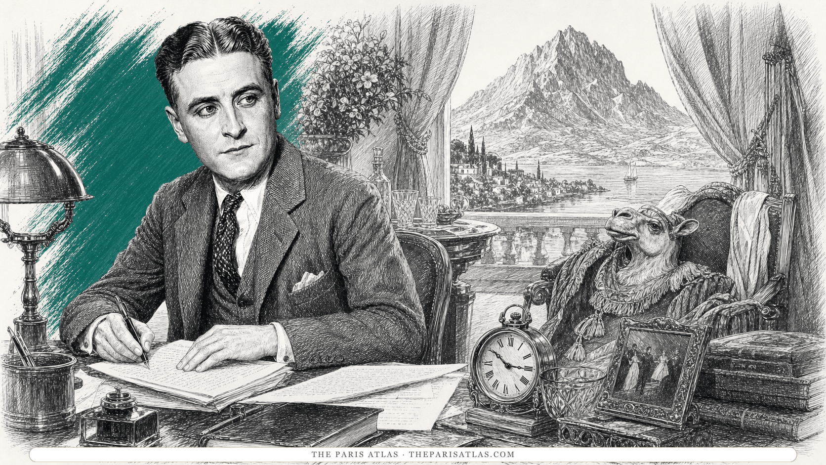 F. Scott Fitzgerald revising pages at a writing table beside a mantel clock and an ornate camel costume, with a mountain and coastal town visible beyond the curtains.