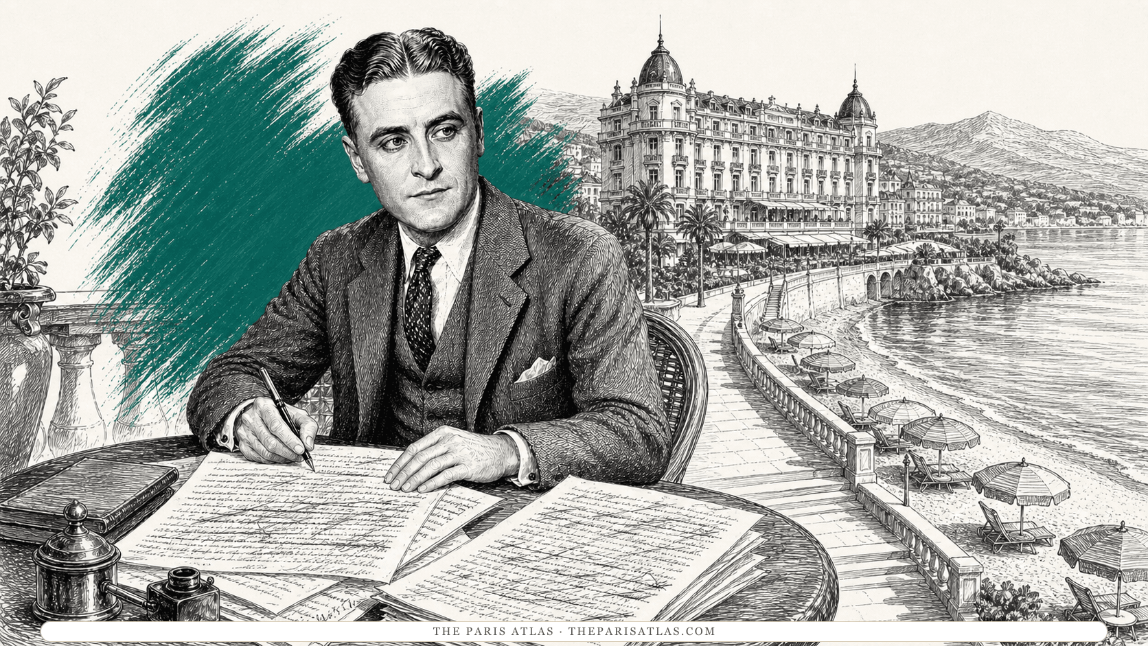 F. Scott Fitzgerald revising heavily marked manuscript pages at a terrace table above the French Riviera, with a grand pale hotel, beach umbrellas, mountains, and calm water behind him.
