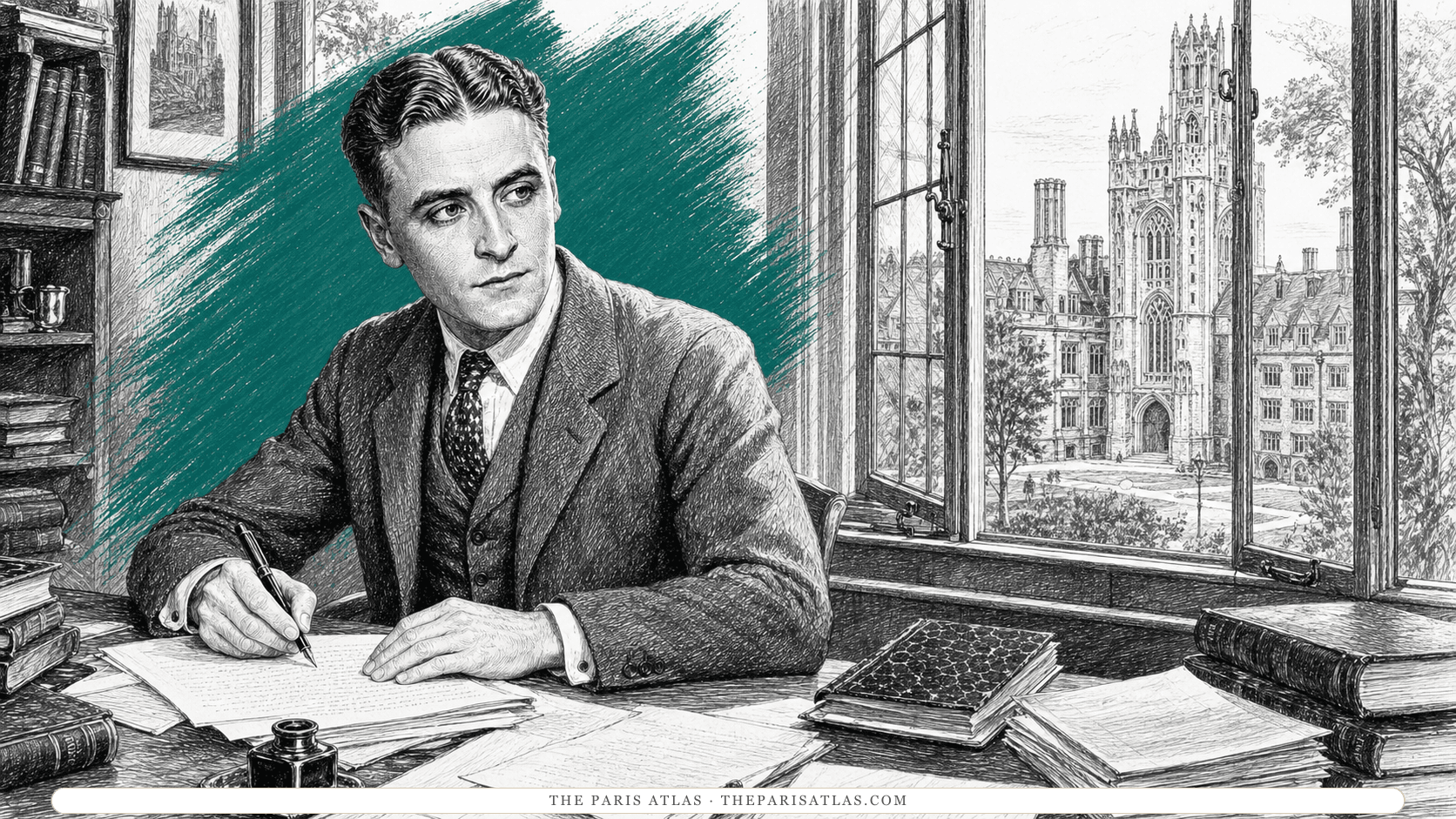 A young F. Scott Fitzgerald writing at a dormitory desk piled with manuscripts and notebooks, with Princeton's Gothic towers framed by the open window behind him.