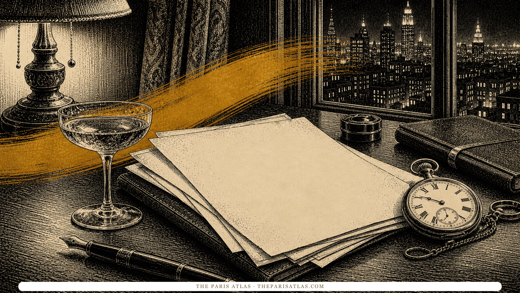 Pen-and-ink illustration of manuscript pages, a champagne coupe, and a pocket watch against a Jazz Age skyline
