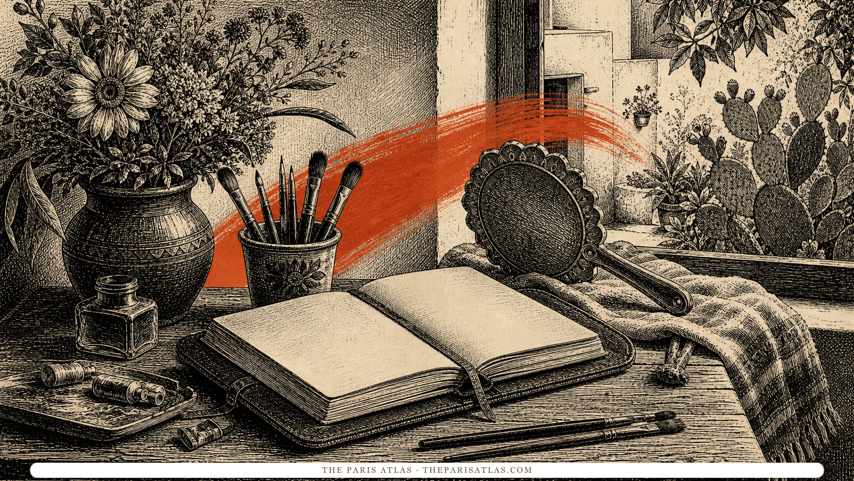 Pen-and-ink illustration of a diary, brushes, flowers, and an artist's courtyard in Mexico