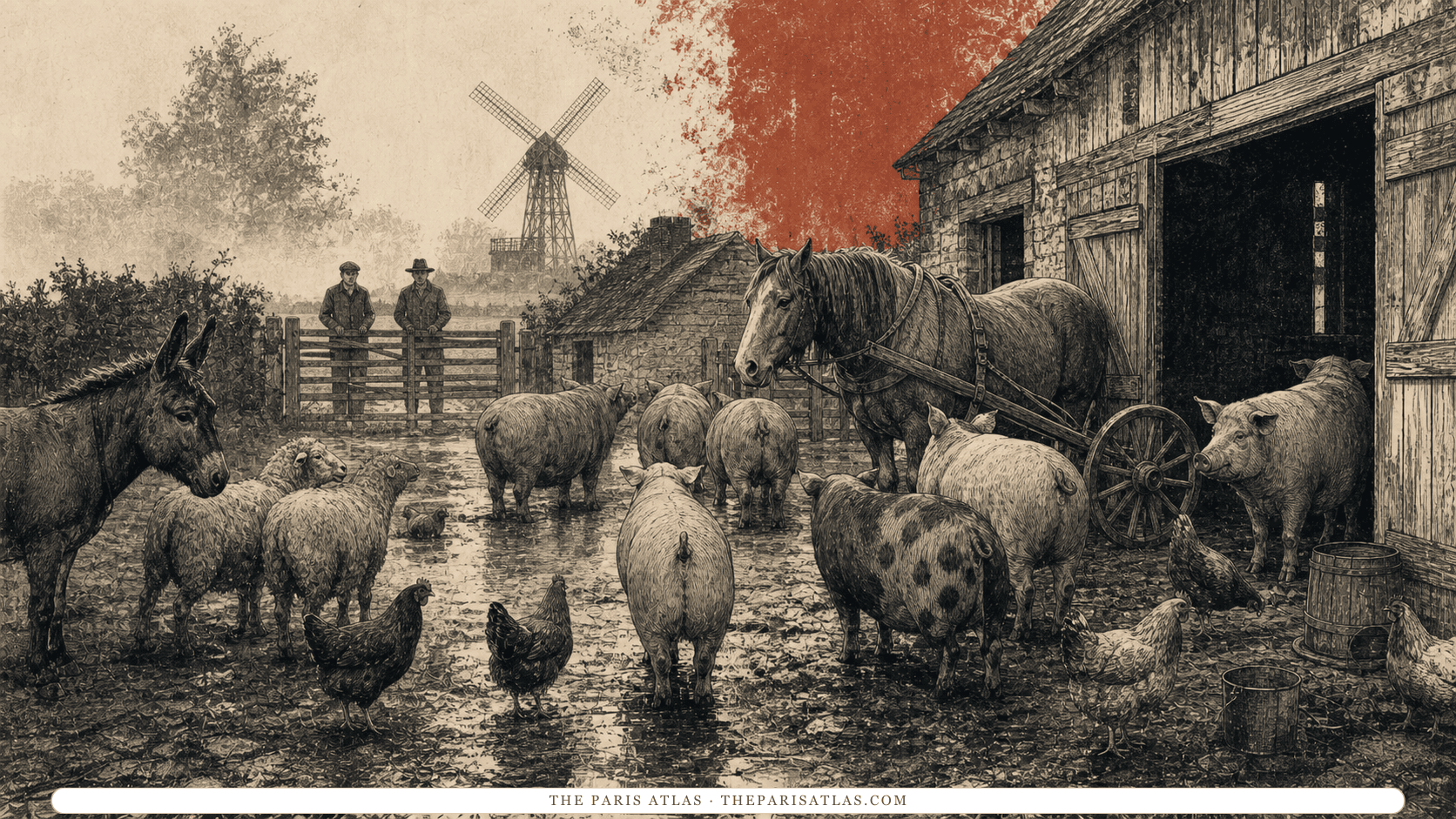 Farm animals gather in a muddy English yard while two adult workers watch from a distant gate.