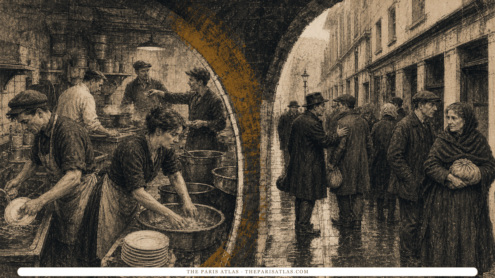 Dishwashers work below a Paris hotel while adults queue outside a rain-dark London lodging house.