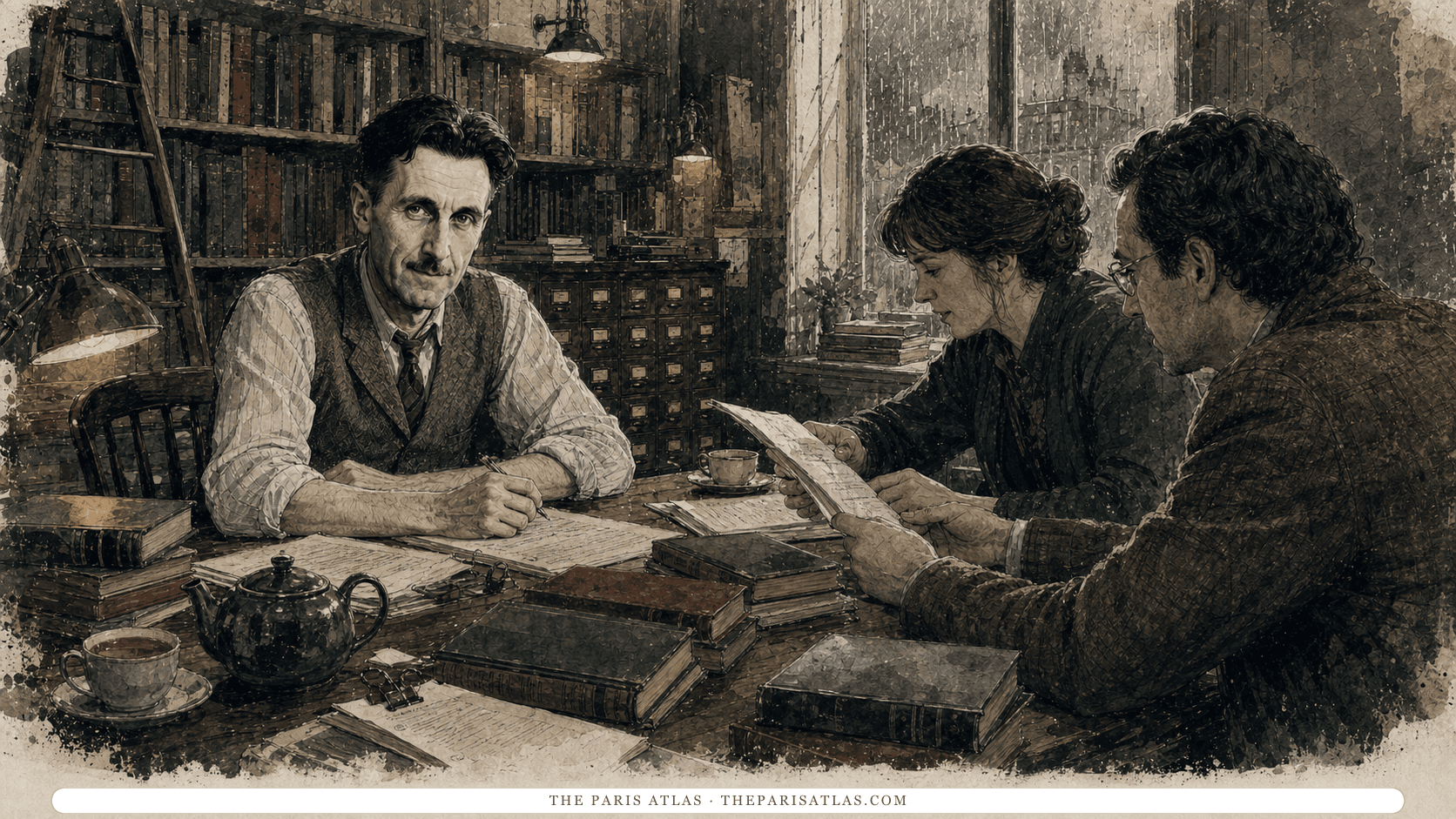 George Orwell seated with two readers comparing papers and books around a large table in a rain-lit library.
