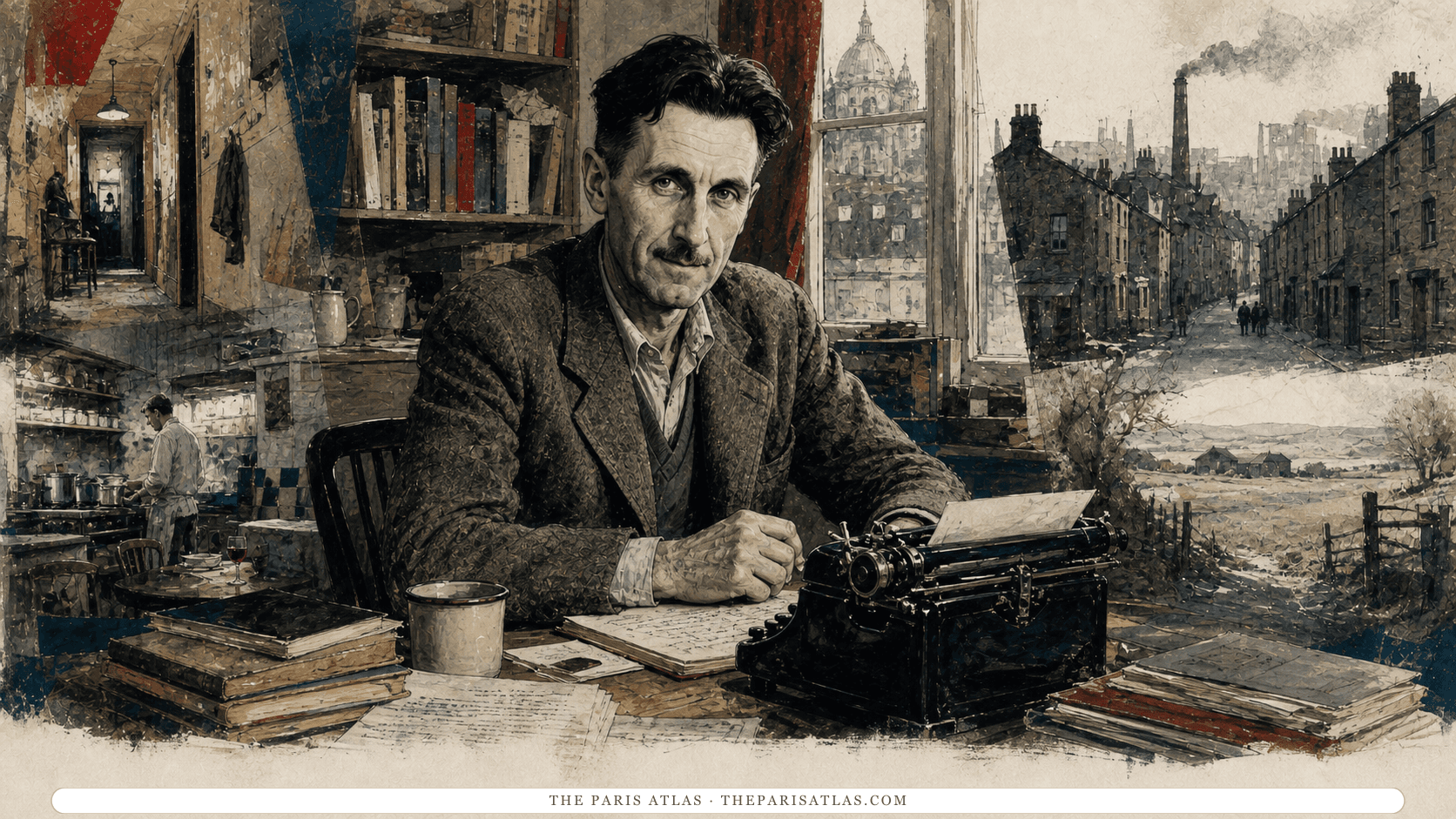George Orwell seated at a typewriter in a book-lined writing room, with a Paris restaurant kitchen, a northern English industrial street, and a distant farm landscape unfolding around him.
