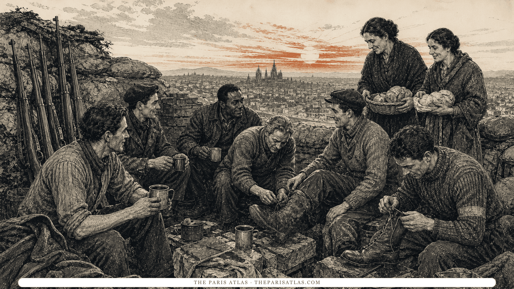 Adult volunteers share coffee and repair boots in a hillside trench as local residents bring bread.