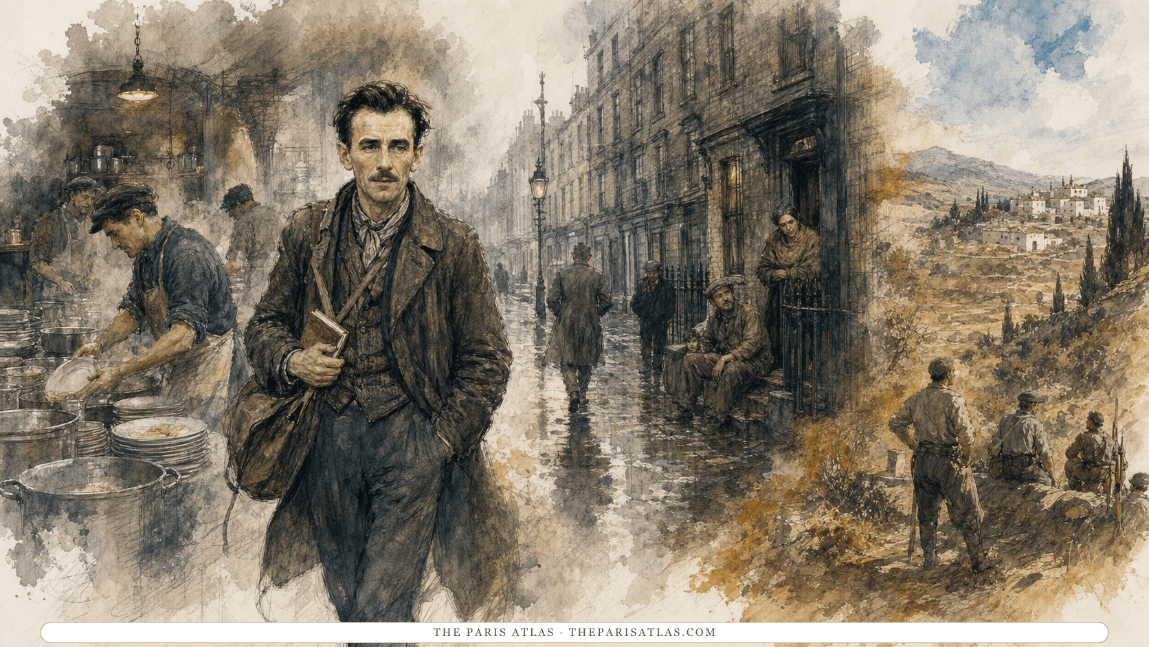 A younger George Orwell walking with a satchel through a remembered landscape that moves from a steaming Paris kitchen to a rain-dark London street and a Catalan hillside.
