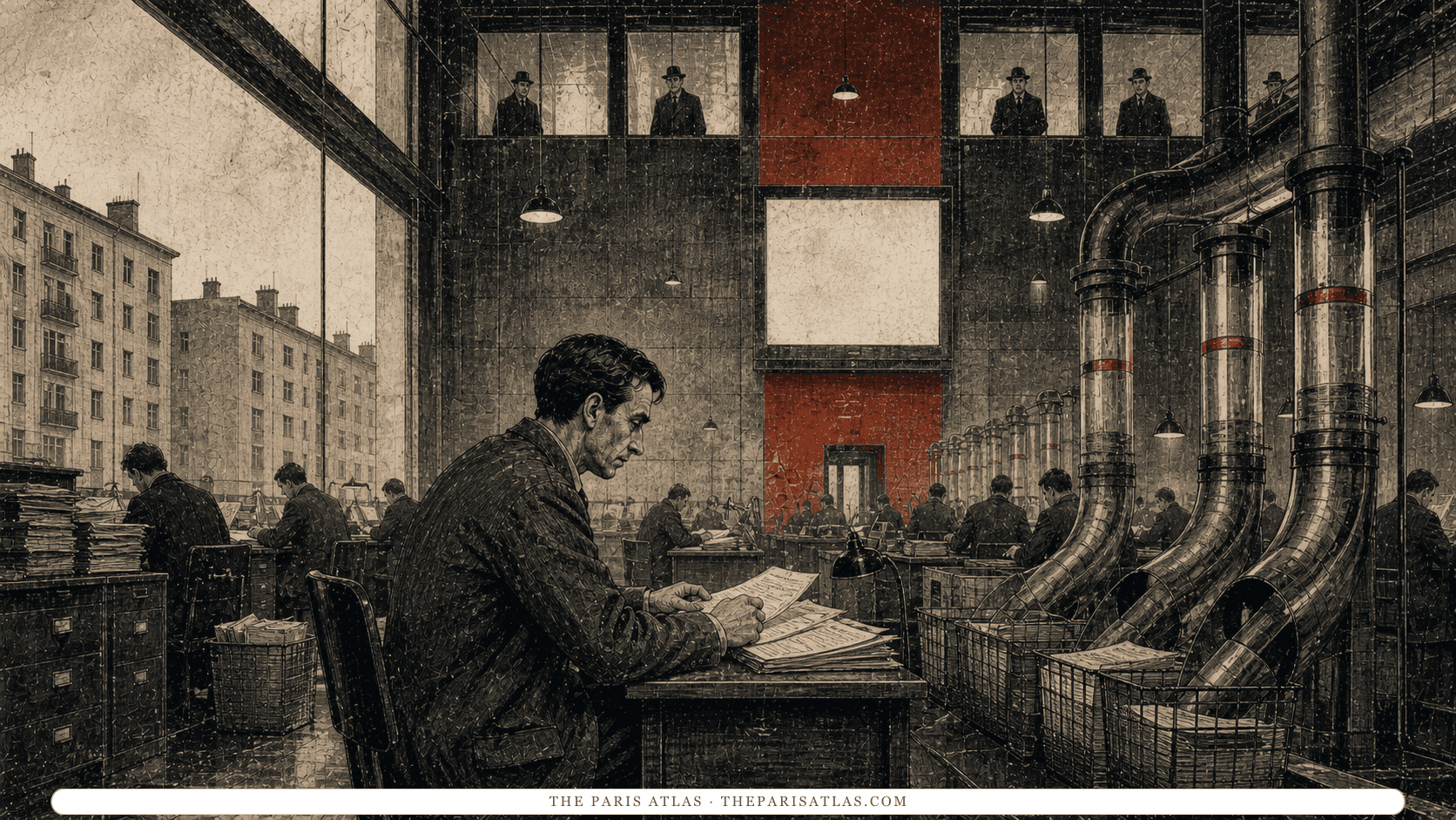 An adult clerk works beneath observation windows and pneumatic tubes in a vast records hall.