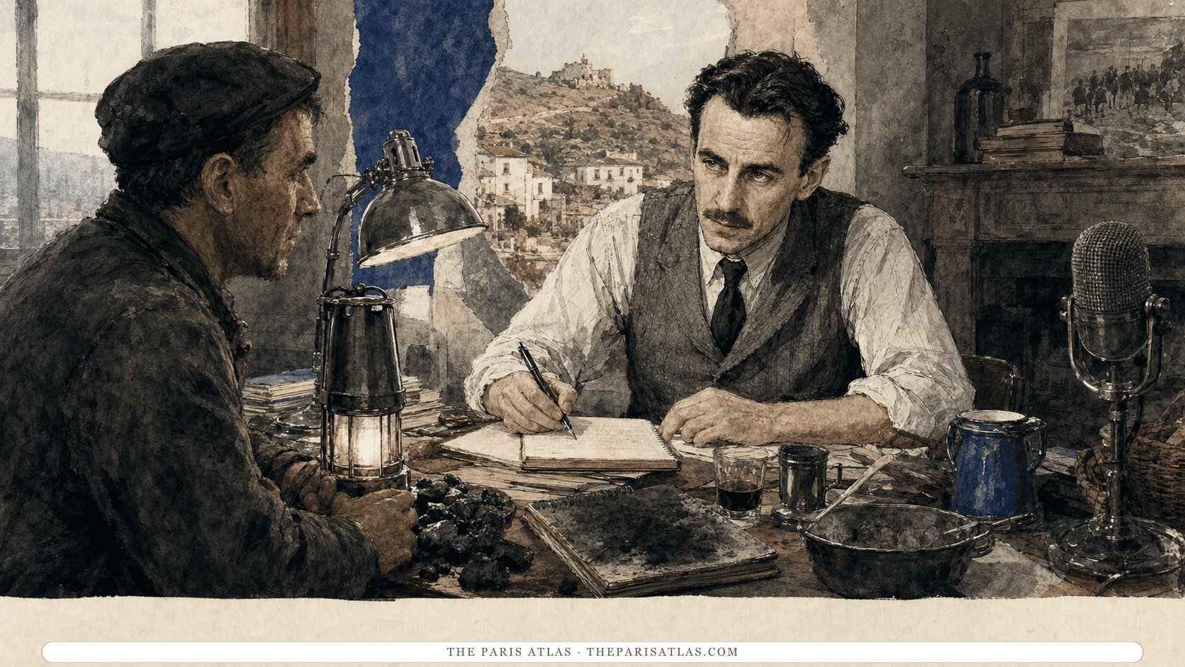 George Orwell interviewing a coal miner at a desk holding notebooks, coal, a miner's lamp, kitchen tools, and a radio microphone, with a Spanish hill town behind them.