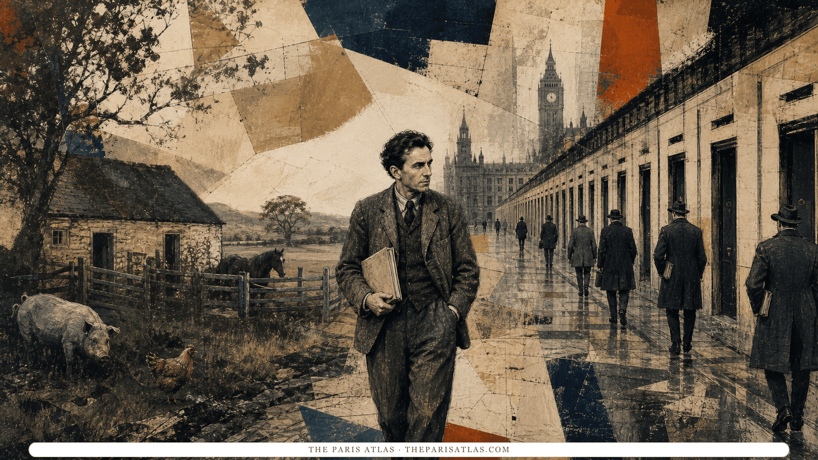 George Orwell walking with a manuscript between an English farmyard and an austere London corridor lined with identical doors and clerks.