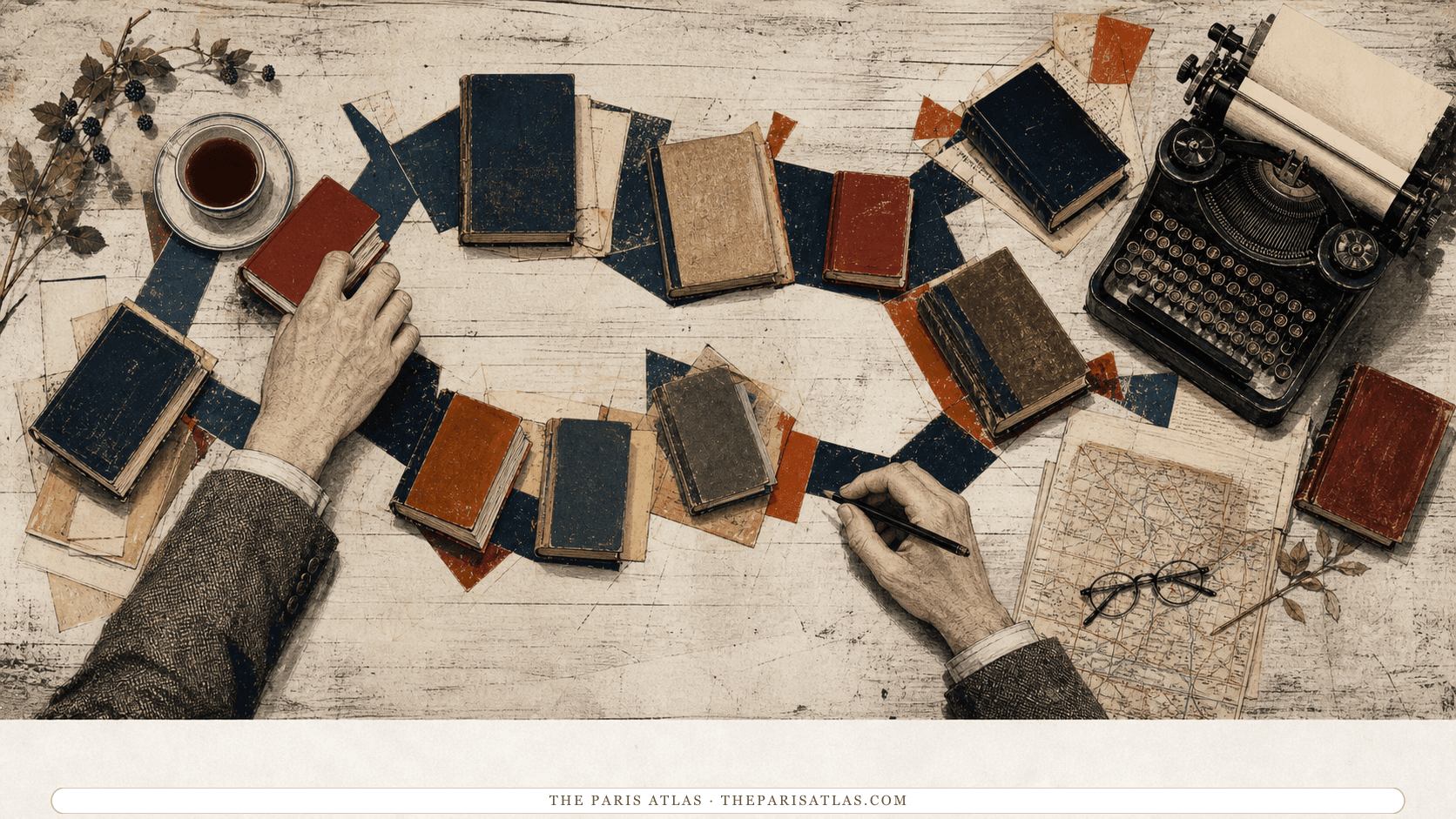 Overhead view of Orwell's hands arranging a winding path of unlabelled books across a writing table beside tea, spectacles, a map, and a typewriter.