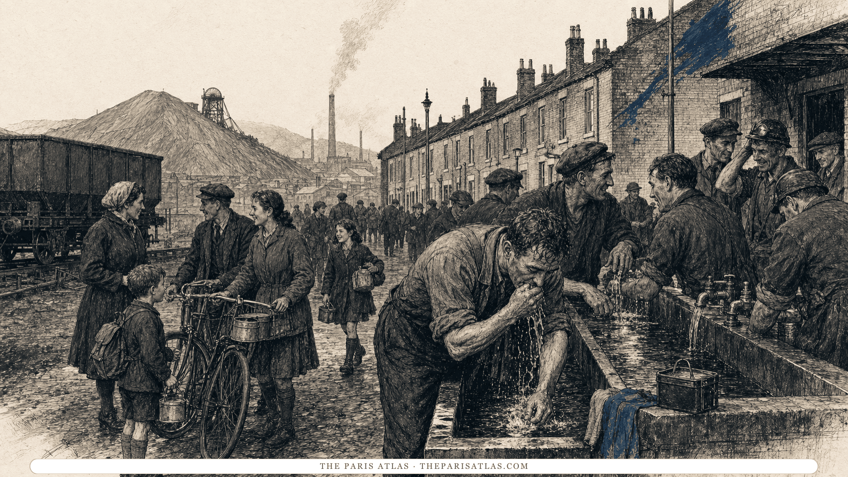 Mining families meet at shift change while adult miners wash beside northern English terraces.