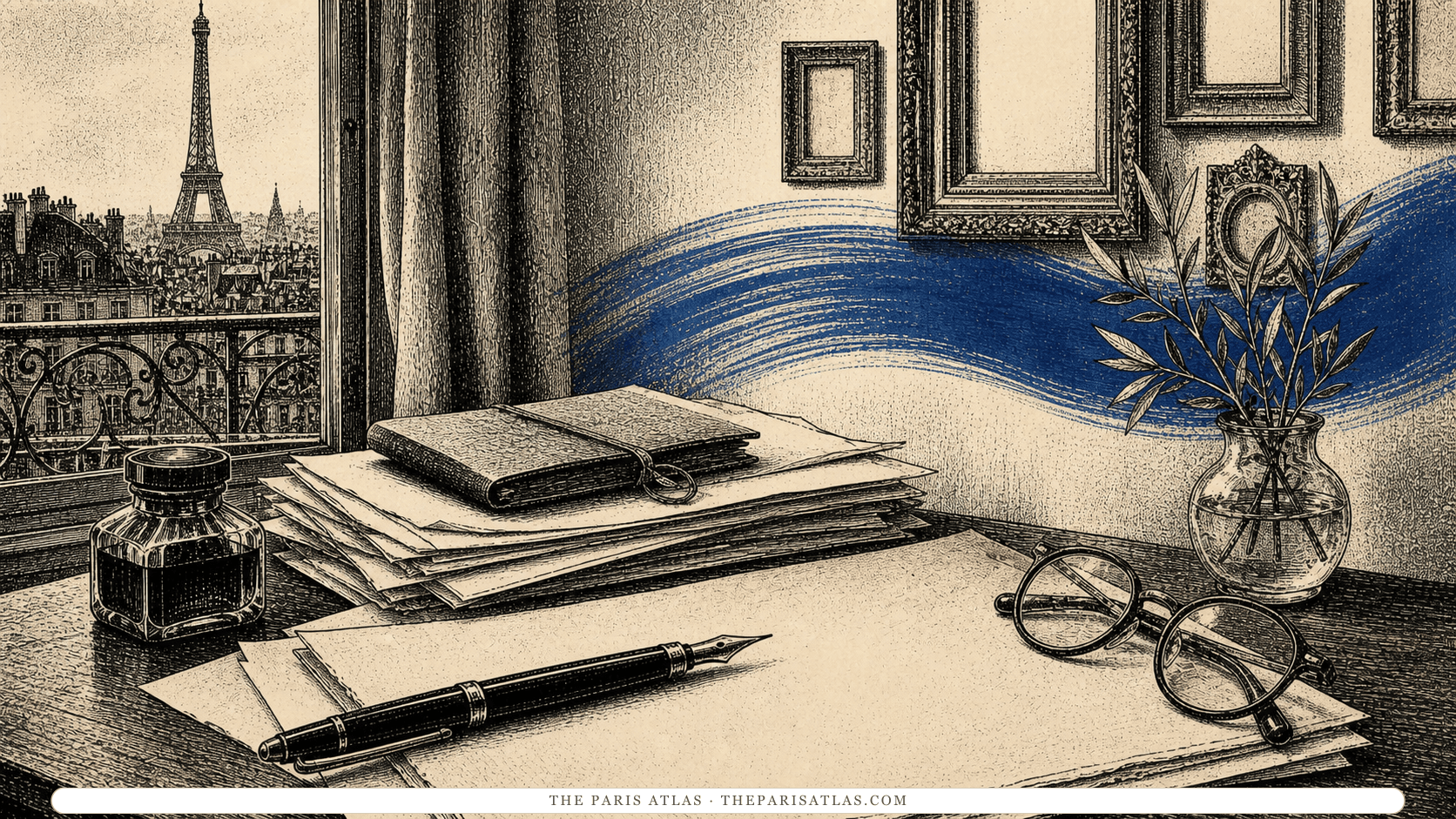 Pen-and-ink illustration of manuscripts, round spectacles, and empty picture frames in a Paris salon