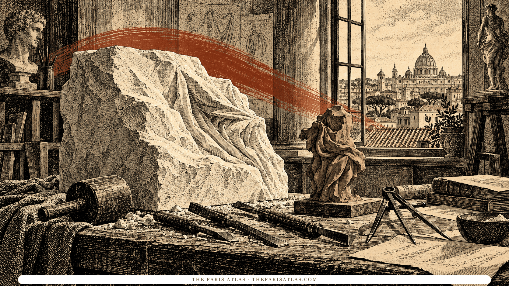 Marble, sculpting tools and a clay study in an illustrated Roman workshop.