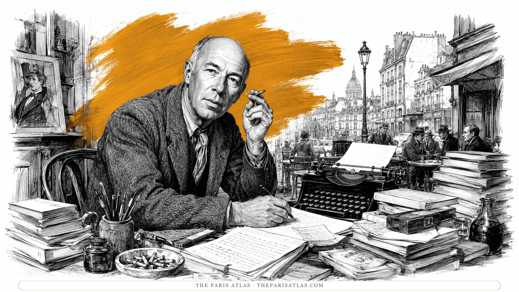 Henry Miller at a café table with a cigarette, a typewriter and manuscript pages in front of him, an ink bottle and an ashtray of spent cigarettes at his elbow, stacks of books on either side, and a Paris street with a domed church behind him.