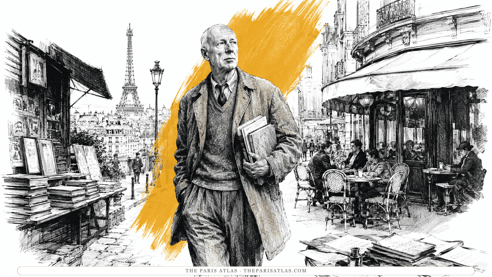 Henry Miller walking a Paris street in a raincoat with books under one arm, passing bouquiniste stalls stacked with prints and secondhand volumes, the Eiffel Tower behind him and a café terrace at the right.