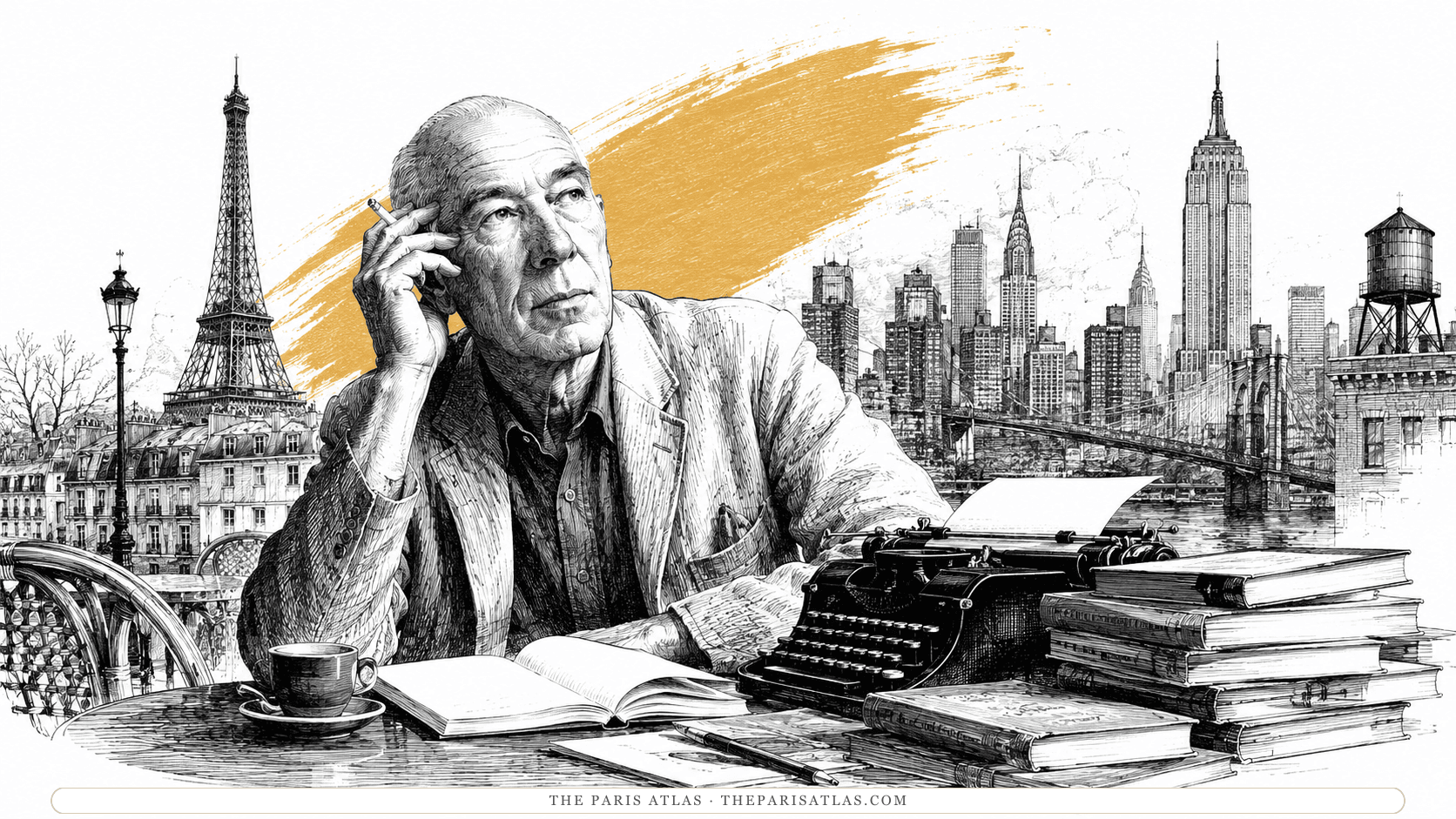 Henry Miller seated at a café table with a cigarette, a typewriter, an open book, and a coffee cup, drawn between his two cities: the Eiffel Tower and Paris rooftops at the left, and the Manhattan skyline with the Brooklyn Bridge at the right.