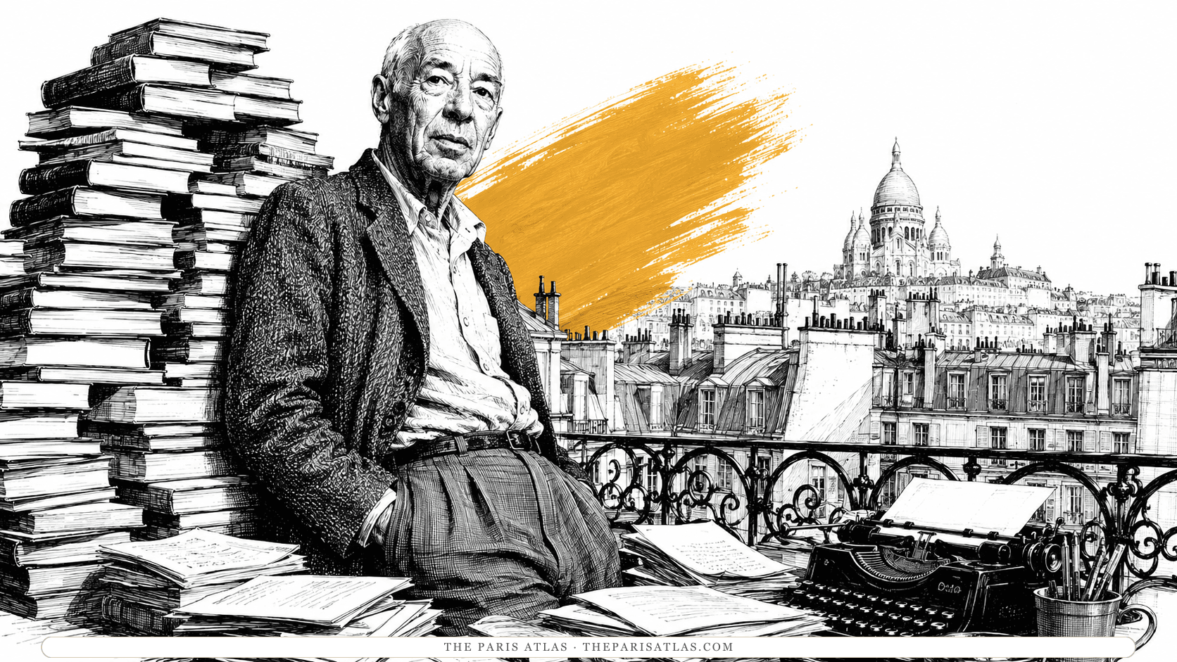 Henry Miller leaning against a tall stack of books on a Paris balcony, loose manuscript pages across the table and a typewriter at the railing, with rooftops, chimney pots, and the domes of Sacré-Cœur behind him.