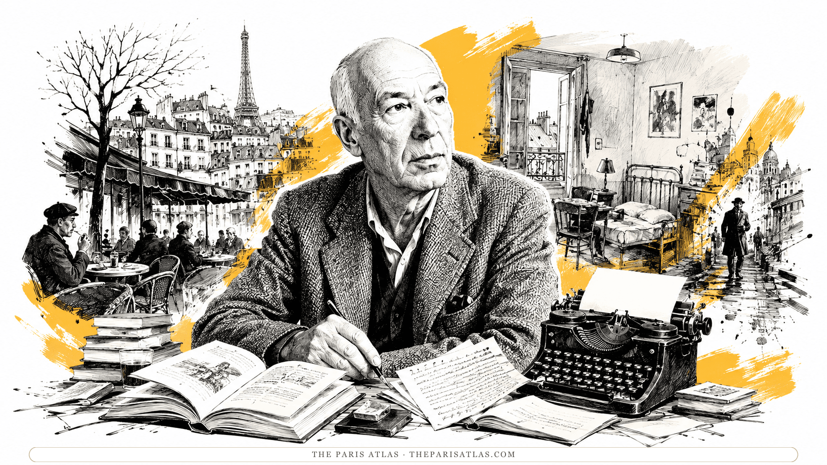 Henry Miller writing at a table set with an open illustrated book, loose pages, and a typewriter, with a café terrace and the Eiffel Tower at the left, a small rented room holding an iron bed and a washstand at the right, and a figure walking a wet street beyond it.
