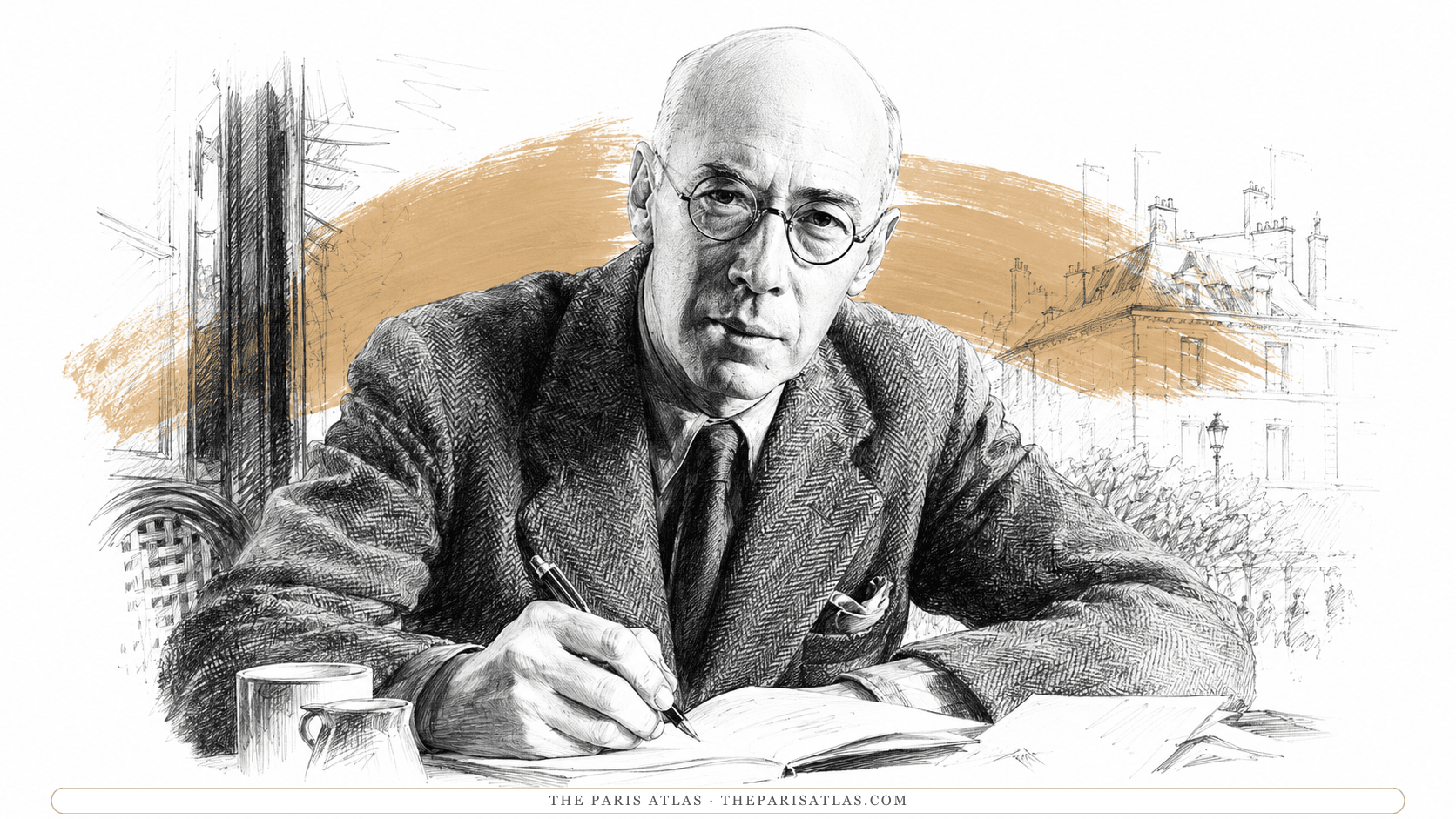 Henry Miller in a herringbone jacket and round spectacles, writing with a fountain pen in an open notebook at a café table, a cup and a small pitcher beside him, with Paris rooftops, a street lamp, and a clipped hedge sketched behind him.