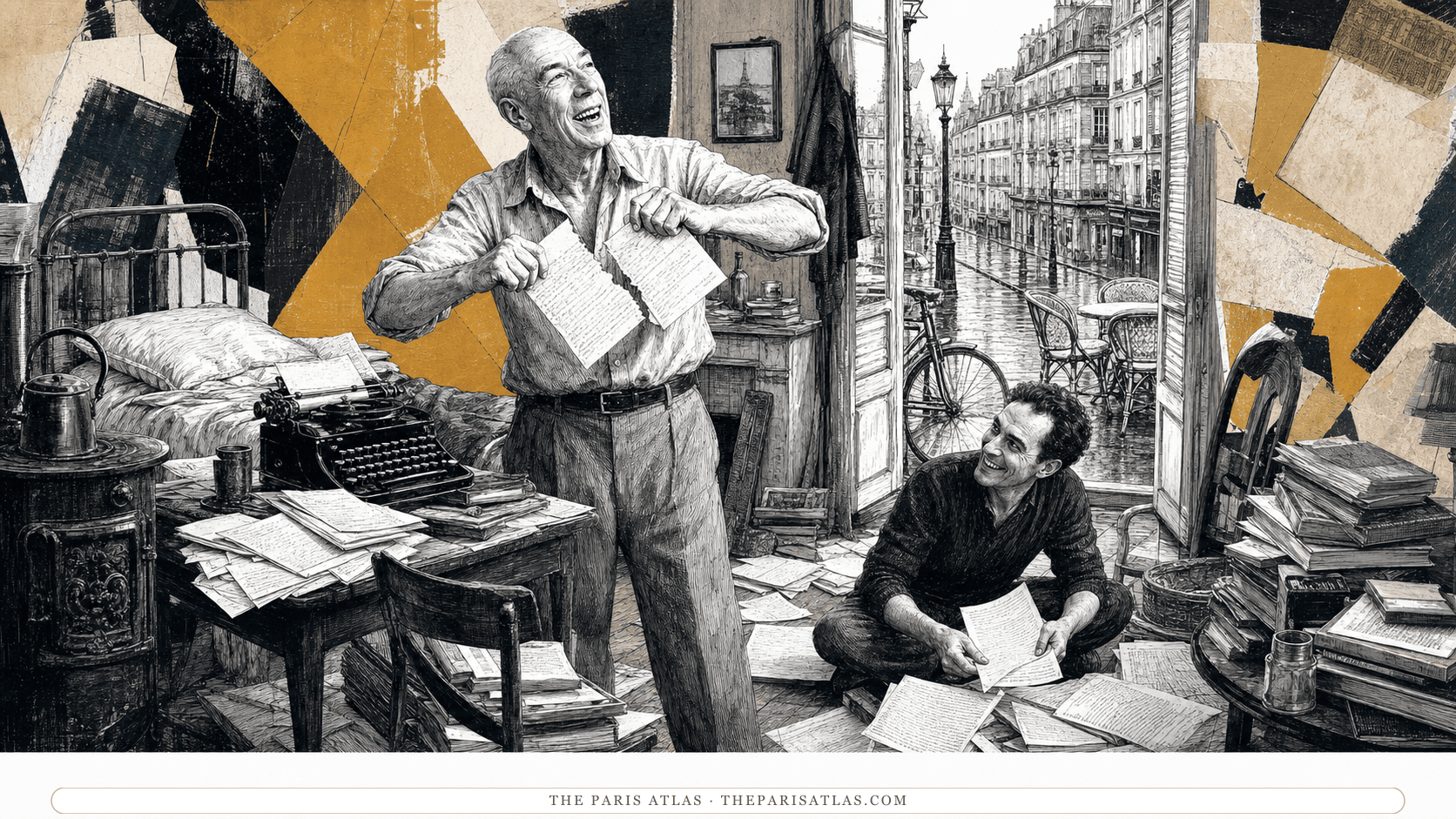 Henry Miller laughing as he tears a manuscript page in a crowded Montparnasse room while a friend sorts loose pages on the floor beside an open door to a rain-wet street.