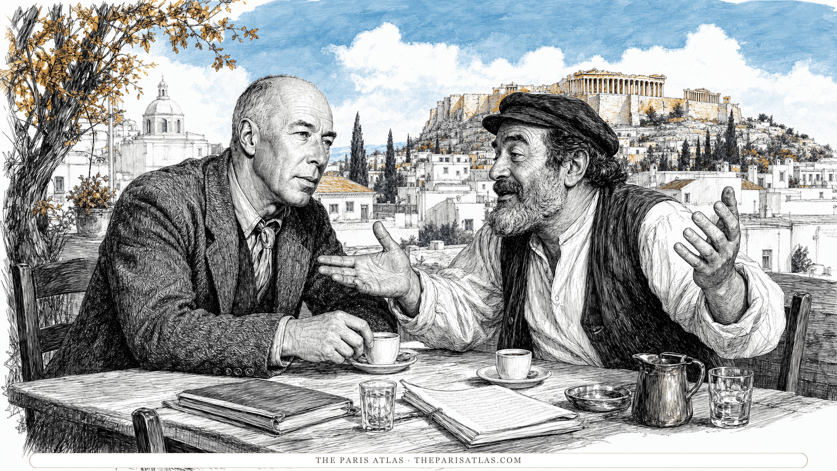 An adult traveler listens to an animated Greek storyteller at an Athens café beneath the Acropolis.