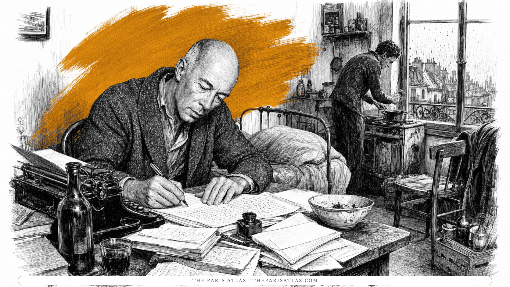 An adult writer cooks and types in a cramped Paris room while neighbors and street life fill the open window.