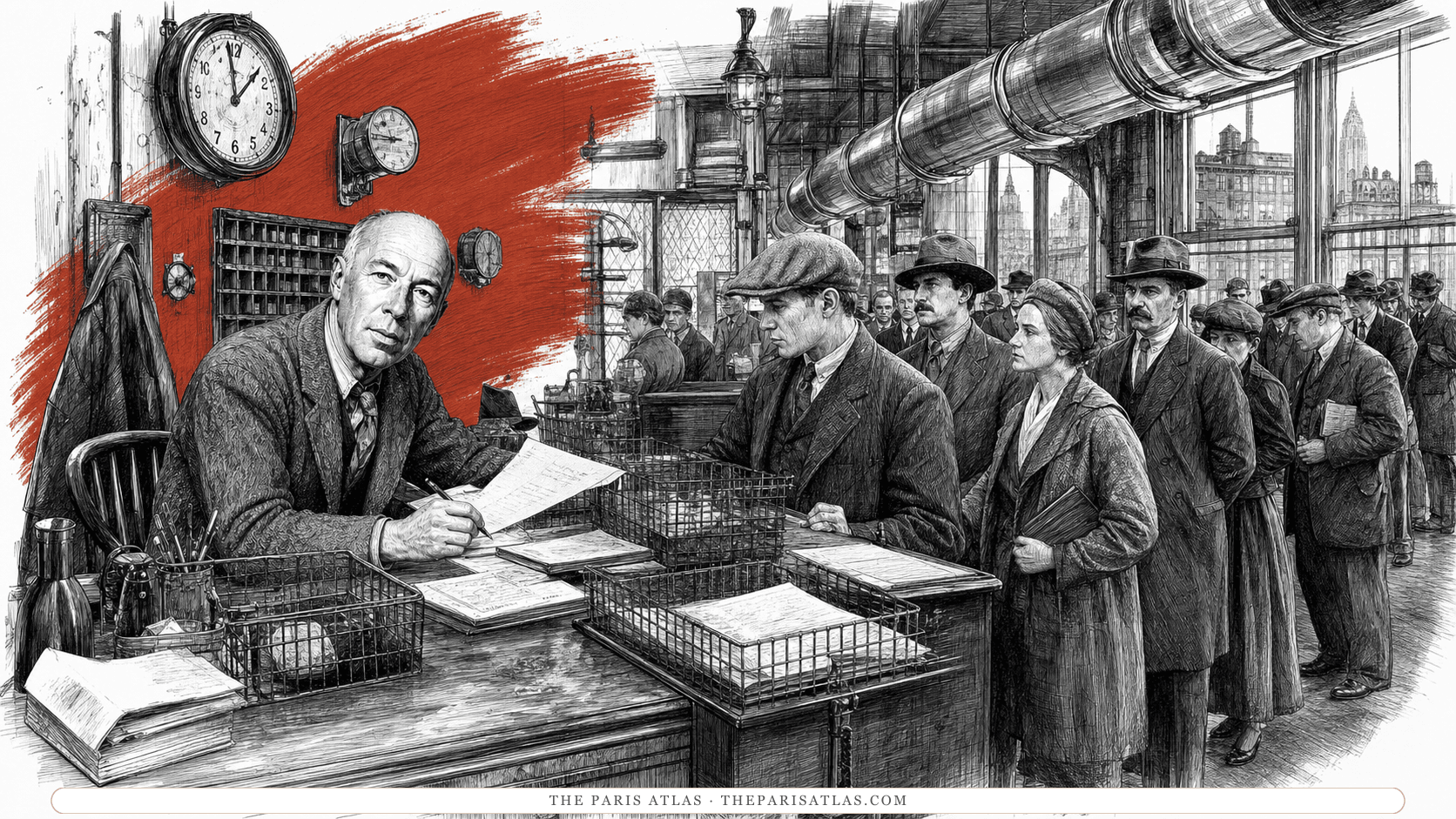 An adult clerk interviews job seekers at a telegraph-company hiring desk while a long queue waits behind him.