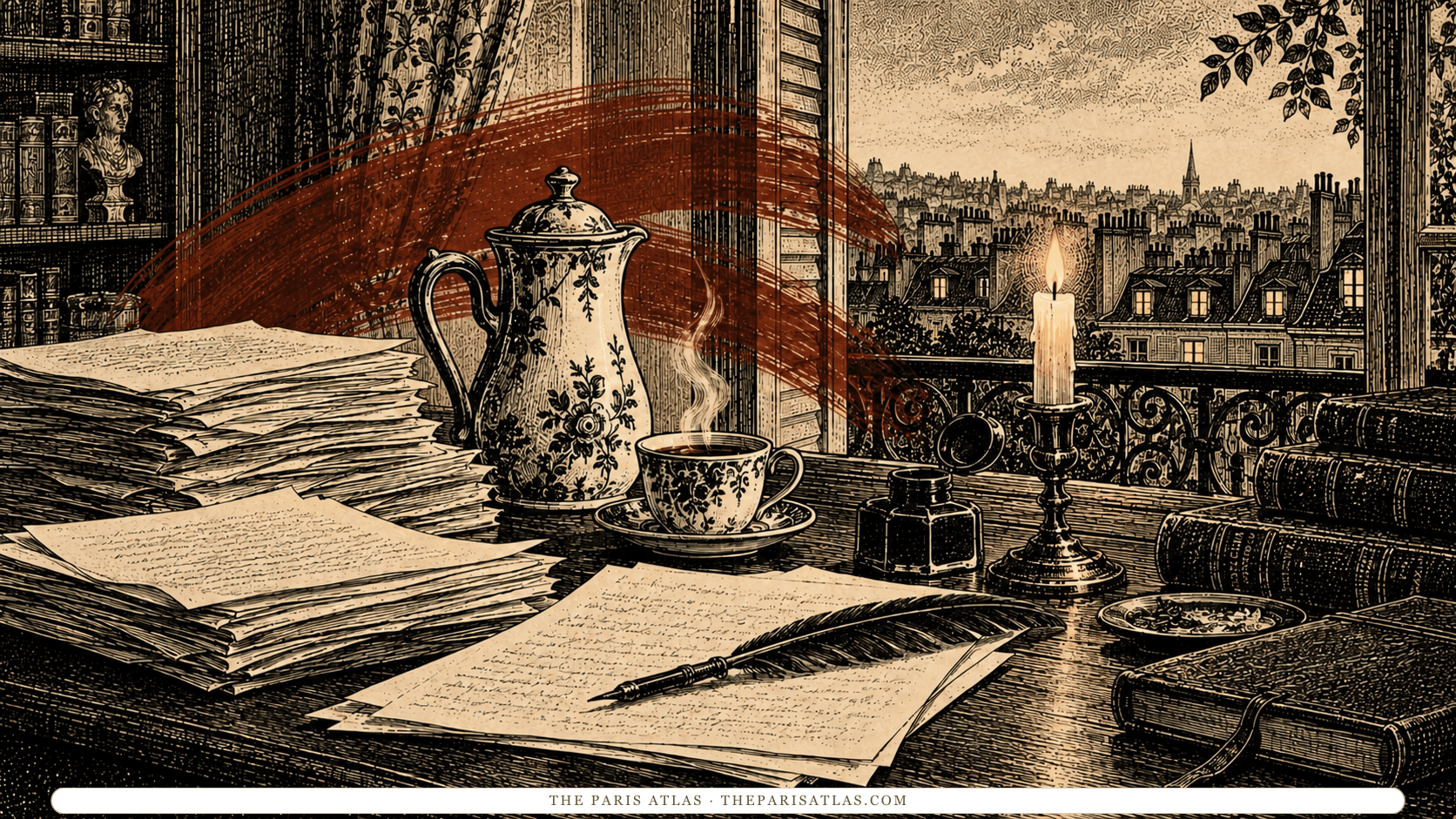 Coffee and manuscript pages on an illustrated writer’s desk at night.