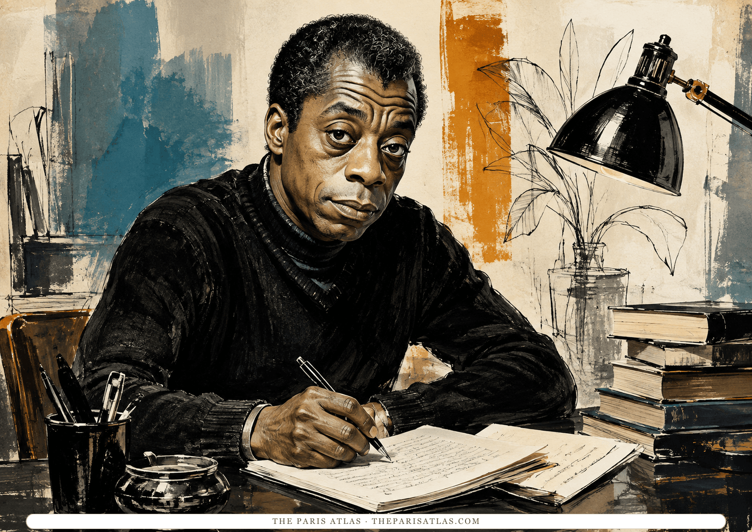 Illustration of James Baldwin writing in a notebook at a desk, a lamp, a pen jar and a stack of books beside him