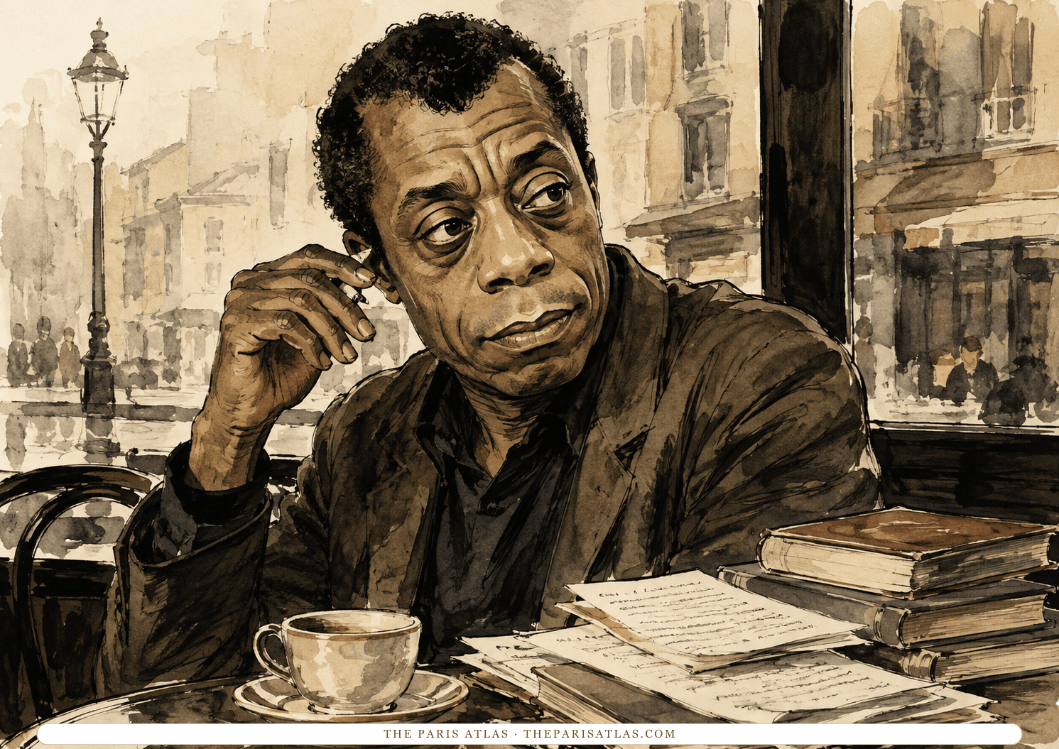 Illustration of James Baldwin at a café table with a cup of coffee and loose manuscript pages, a street lamp and shopfronts beyond the window