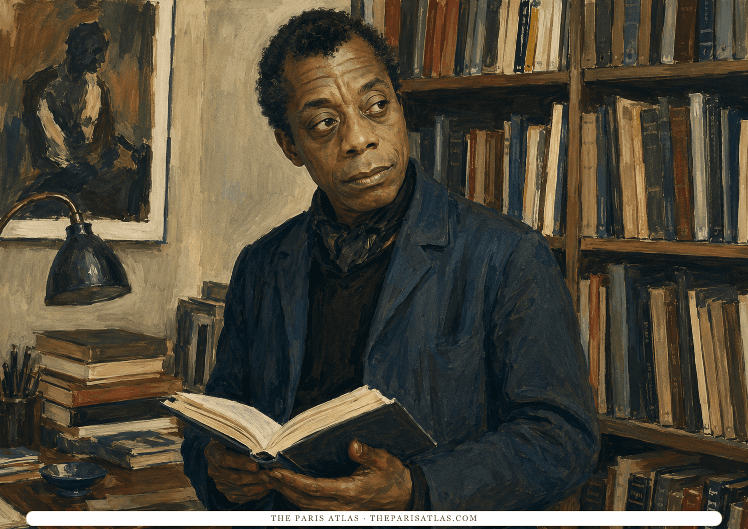 Illustration of James Baldwin standing in front of a wall of bookshelves, an open book held in both hands