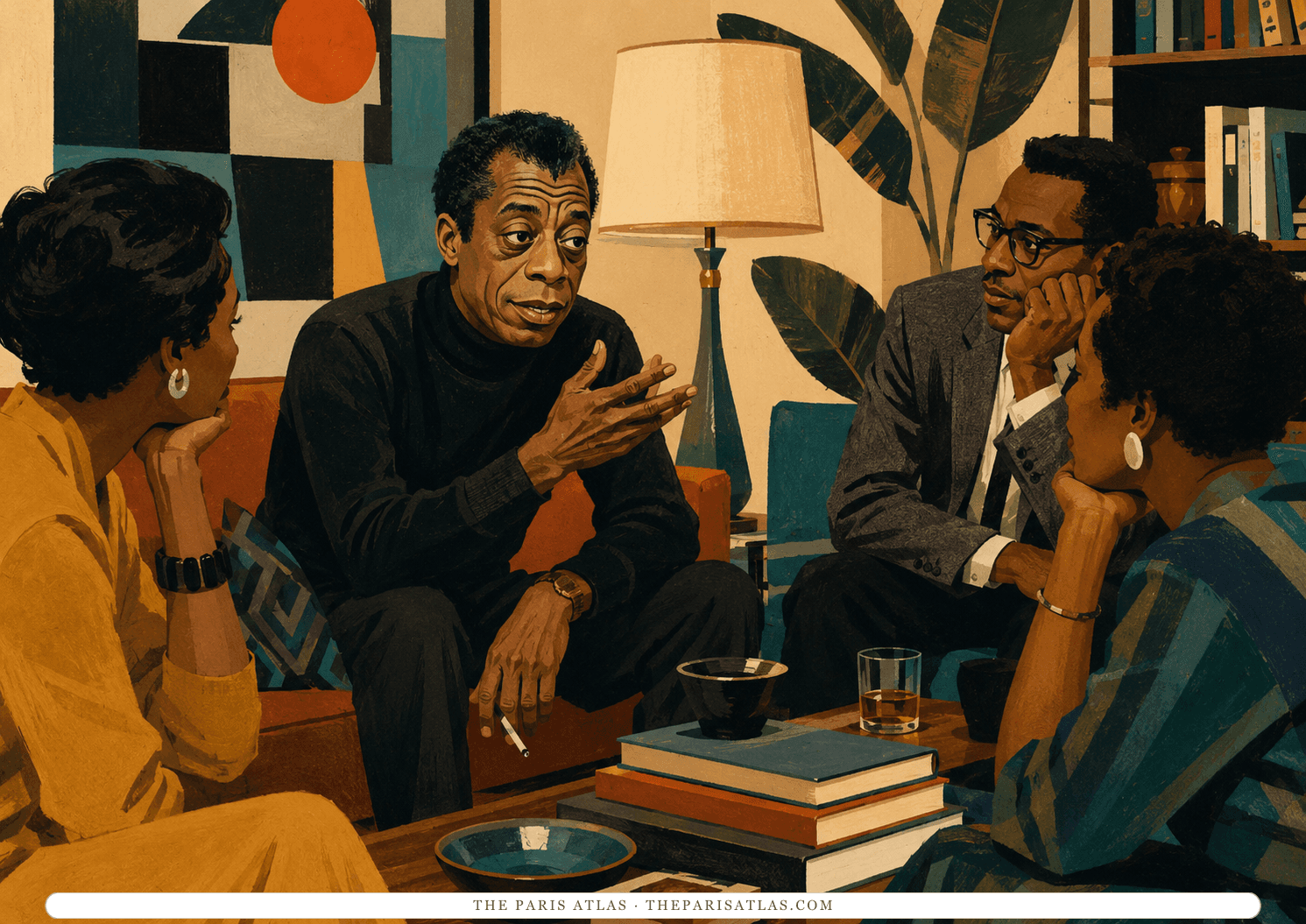Illustration of James Baldwin in a living room talking with four other people, a cigarette in one hand and books stacked on the low table between them
