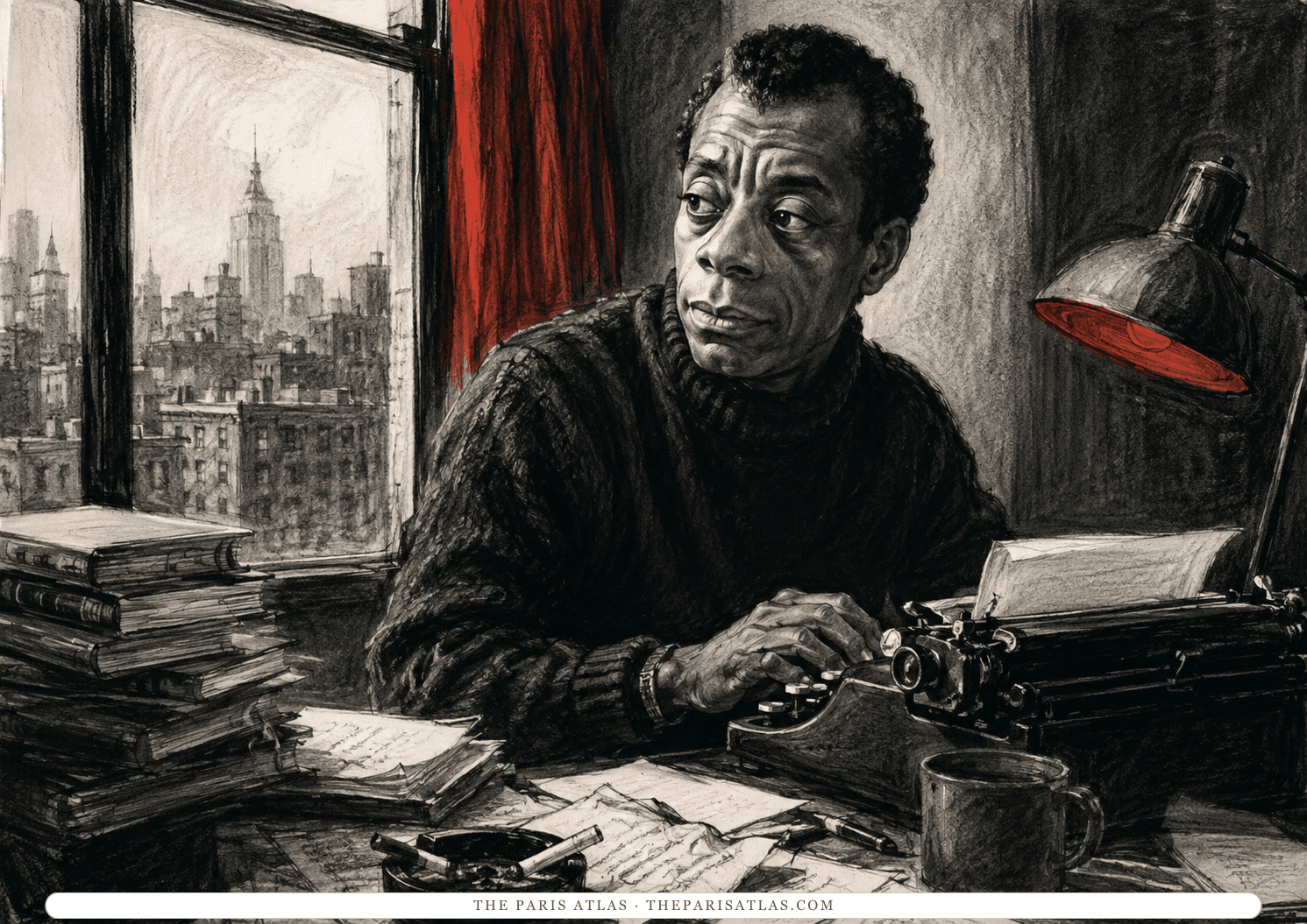 Illustration of James Baldwin at a typewriter beside a window, loose pages and a coffee mug on the desk and the New York skyline behind him