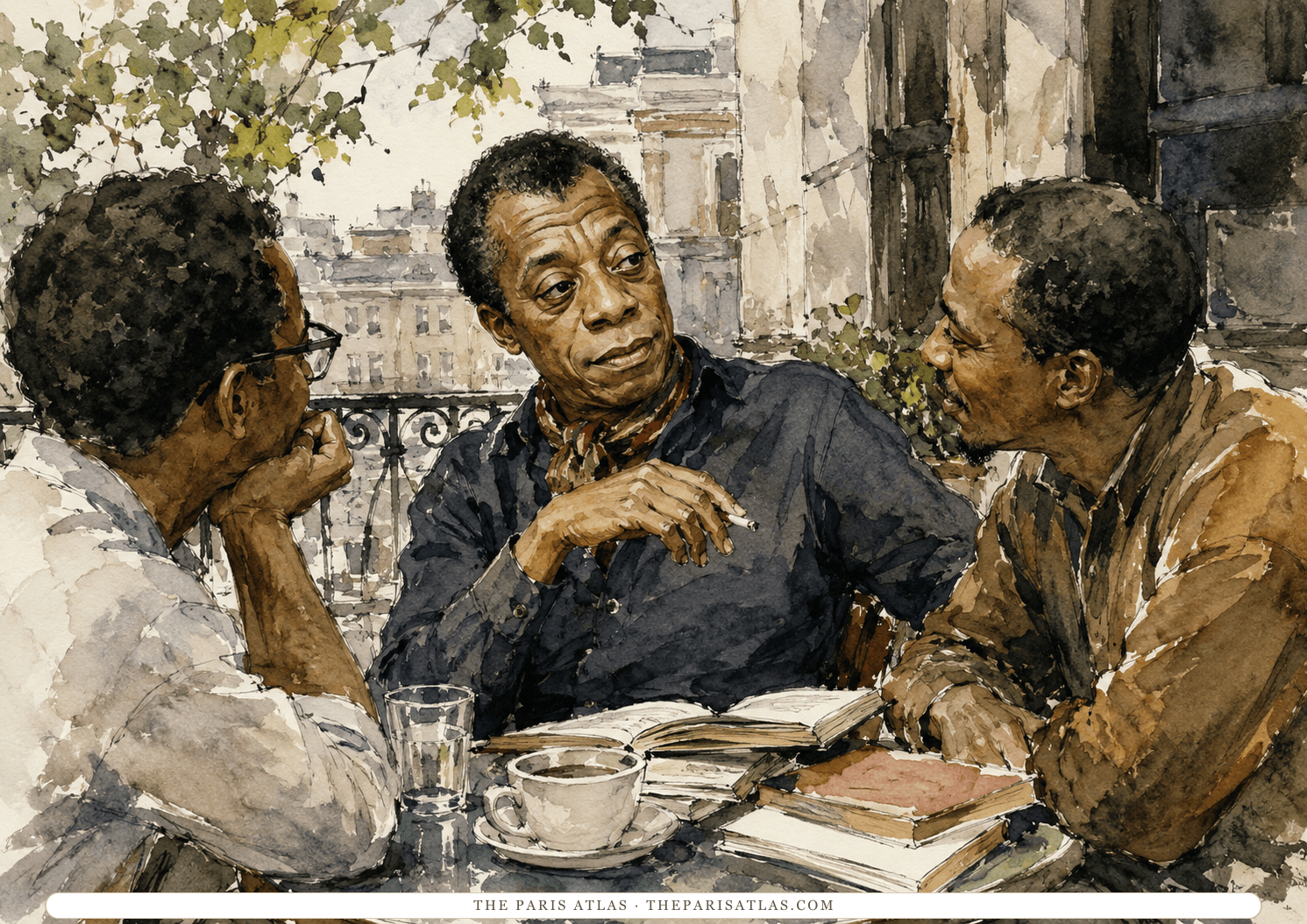 Illustration of James Baldwin at an outdoor café table with two other men, an open book, coffee and a glass of water between them