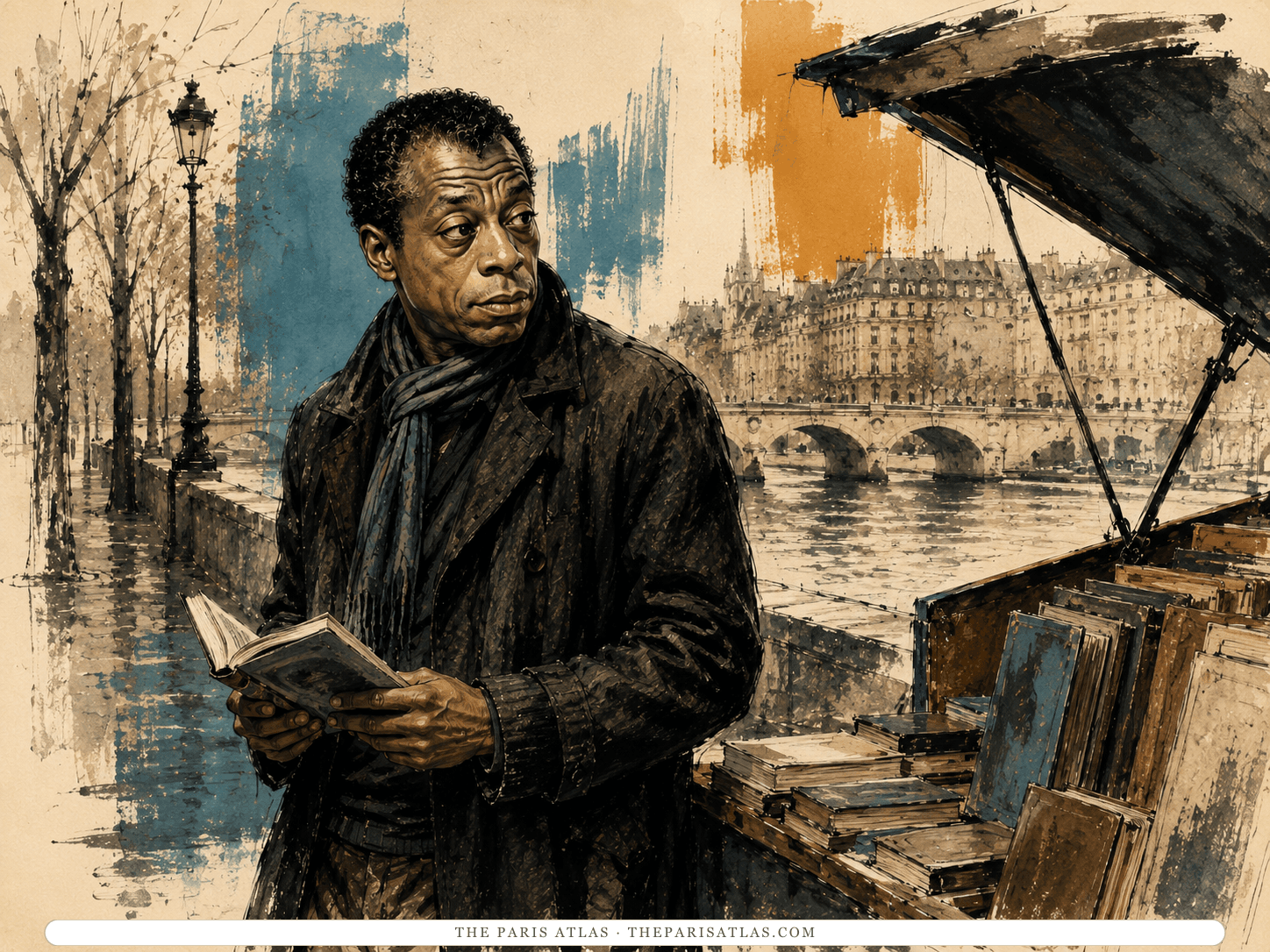 Illustration of James Baldwin reading at a bookseller's stall on the bank of the Seine, an open book held in both hands, a bridge and the rooftops of the opposite quay behind him